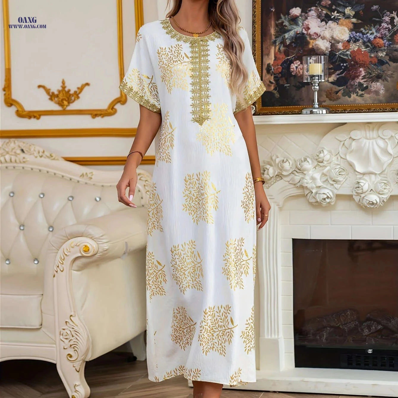 Ladies' Golden Tribal Long Dress - Casual Lace Round Neck for Summer   OAXG 