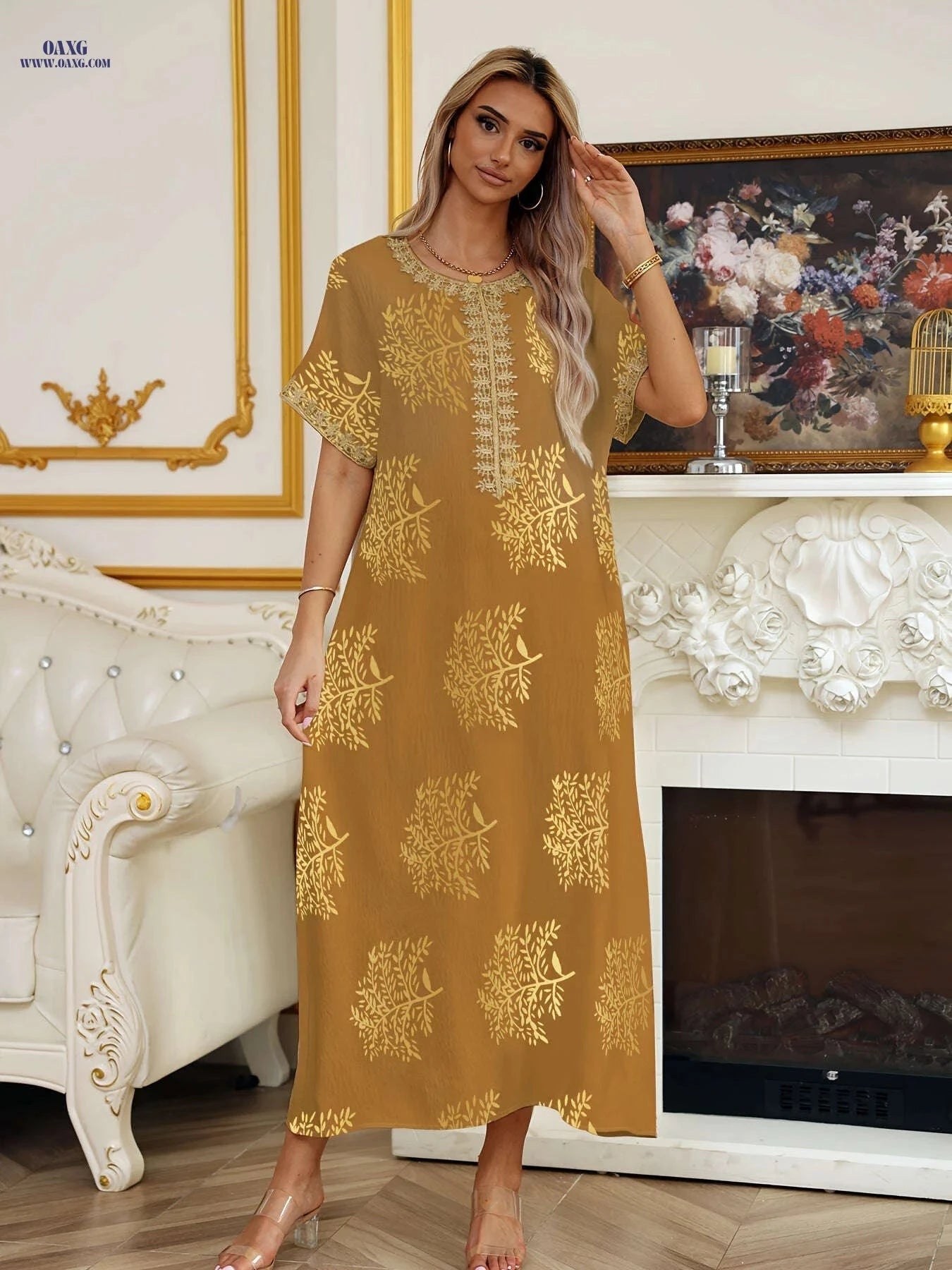 Ladies' Golden Tribal Long Dress - Casual Lace Round Neck for Summer   OAXG 