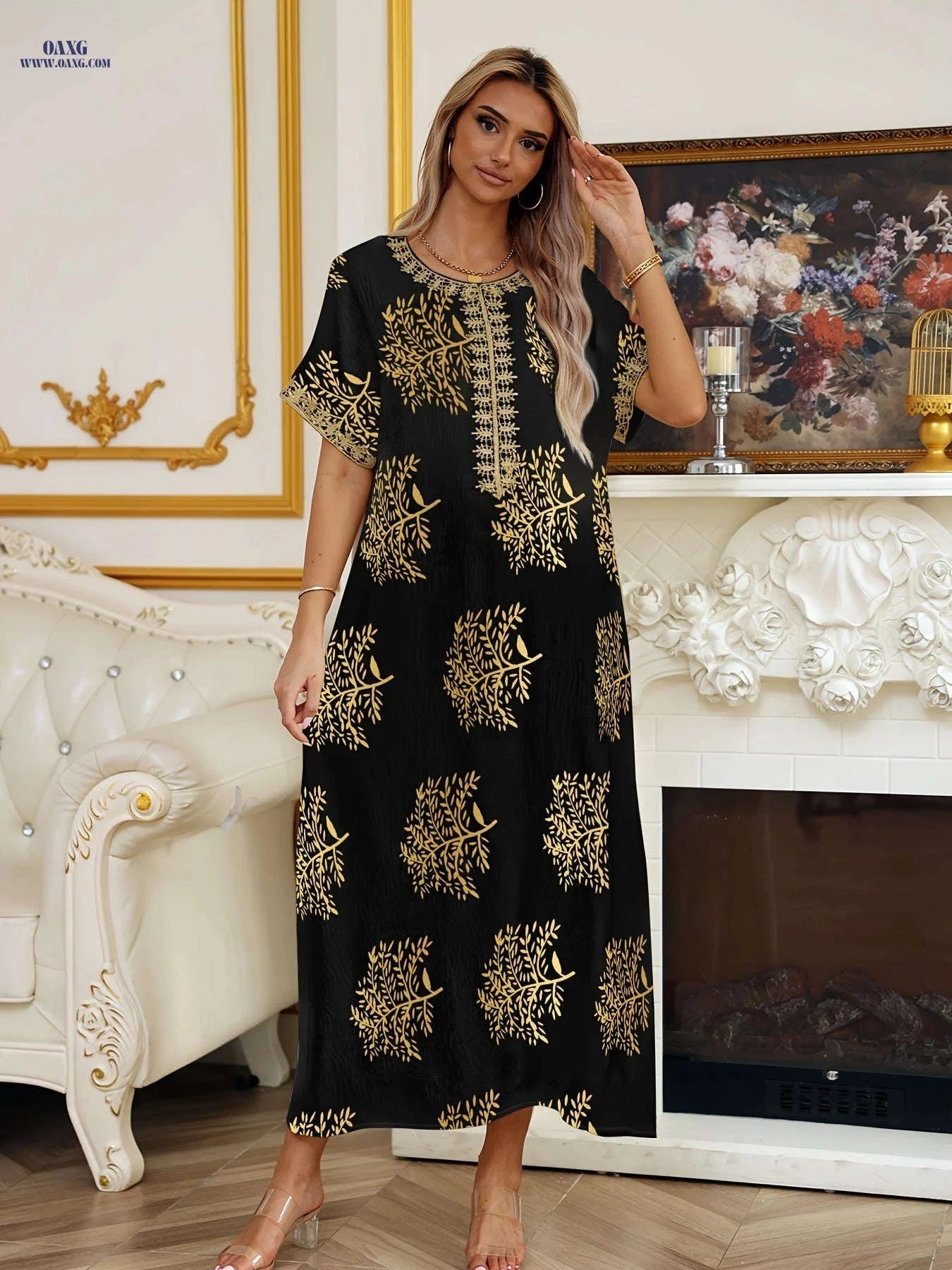 Ladies' Golden Tribal Long Dress - Casual Lace Round Neck for Summer   OAXG 