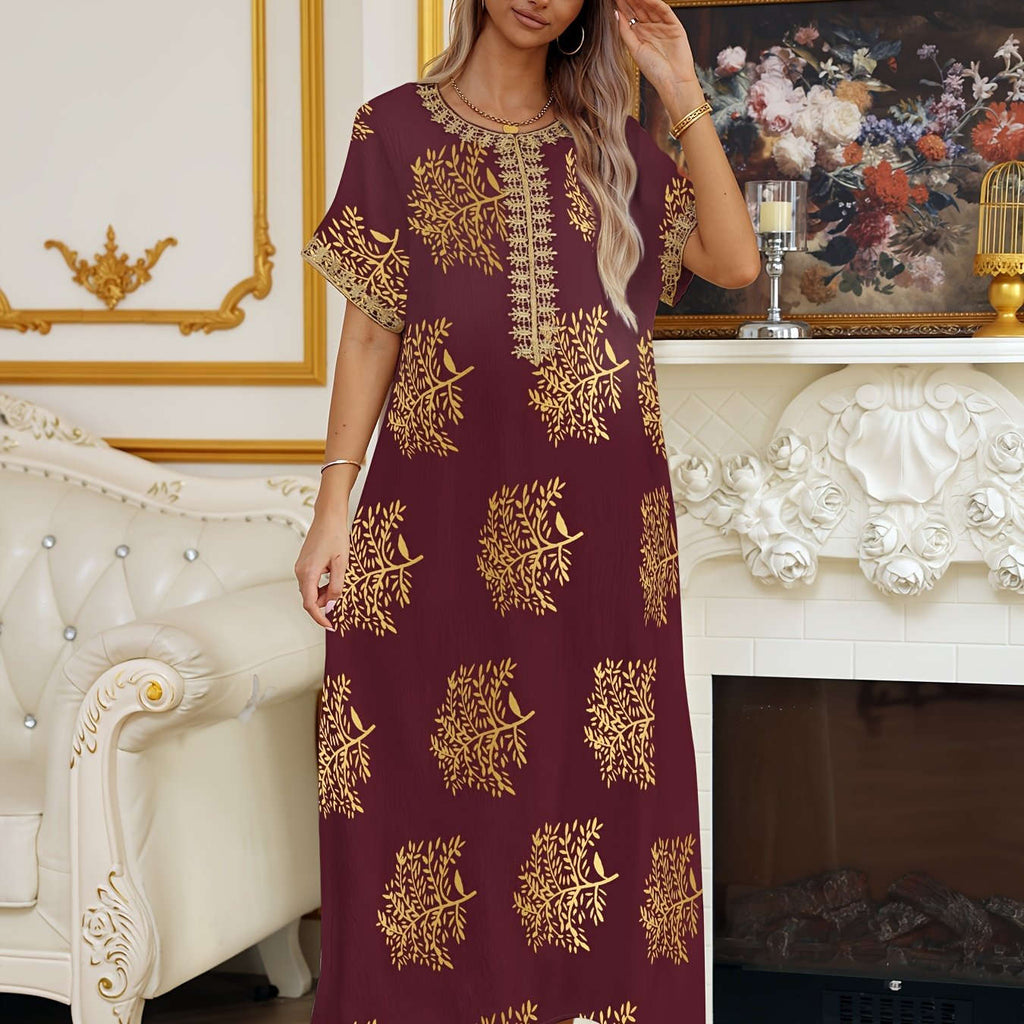 Ladies' Golden Tribal Long Dress - Casual Lace Round Neck for Summer   OAXG 
