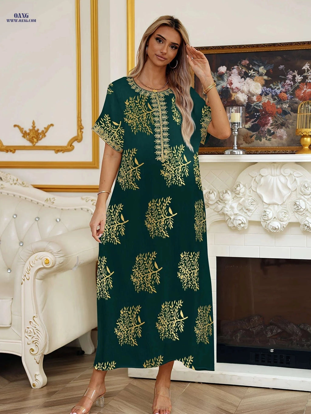 Ladies' Golden Tribal Long Dress - Casual Lace Round Neck for Summer   OAXG 