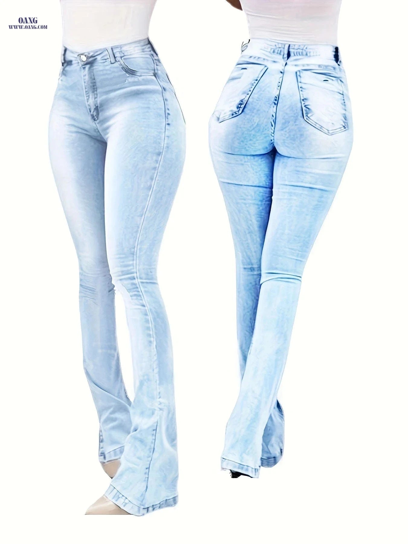 Ladies' High Stretch Flare Leg Jeans - Mid Waist, Versatile Street Style   OAXG Bright Steel Blue / S