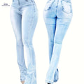 Ladies' High Stretch Flare Leg Jeans - Mid Waist, Versatile Street Style   OAXG Bright Steel Blue / S