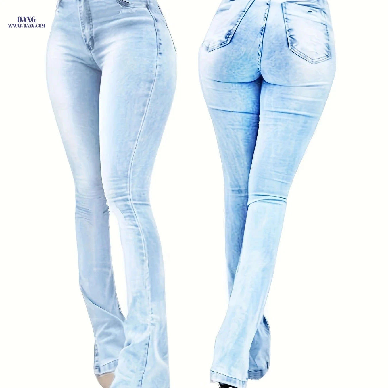 Ladies' High Stretch Flare Leg Jeans - Mid Waist, Versatile Street Style   OAXG Bright Steel Blue / S