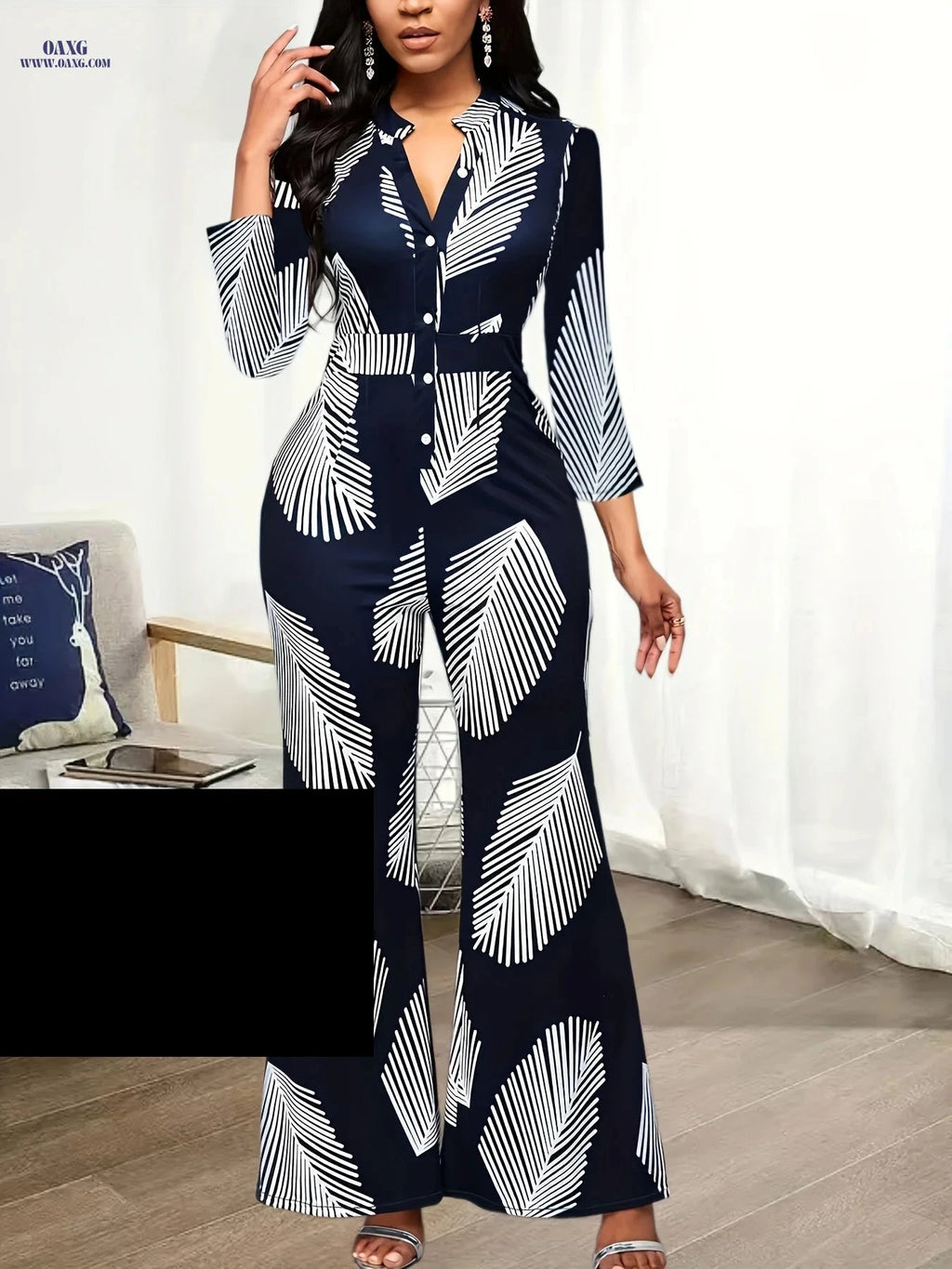 Ladies Printed Jumpsuit Set - Elegant Wide Leg Pants for Spring   OAXG 
