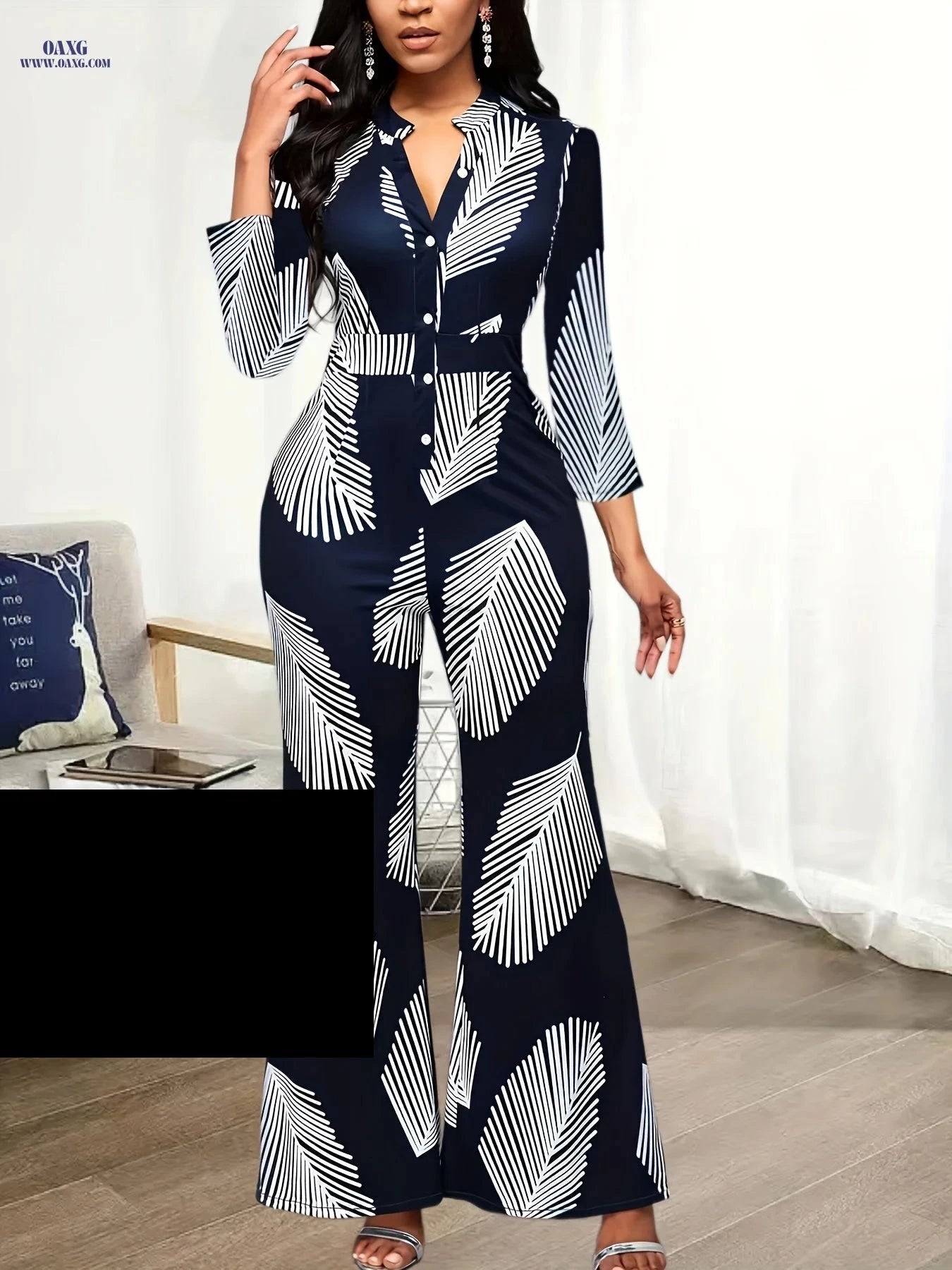 Ladies Printed Jumpsuit Set - Elegant Wide Leg Pants for Spring   OAXG 