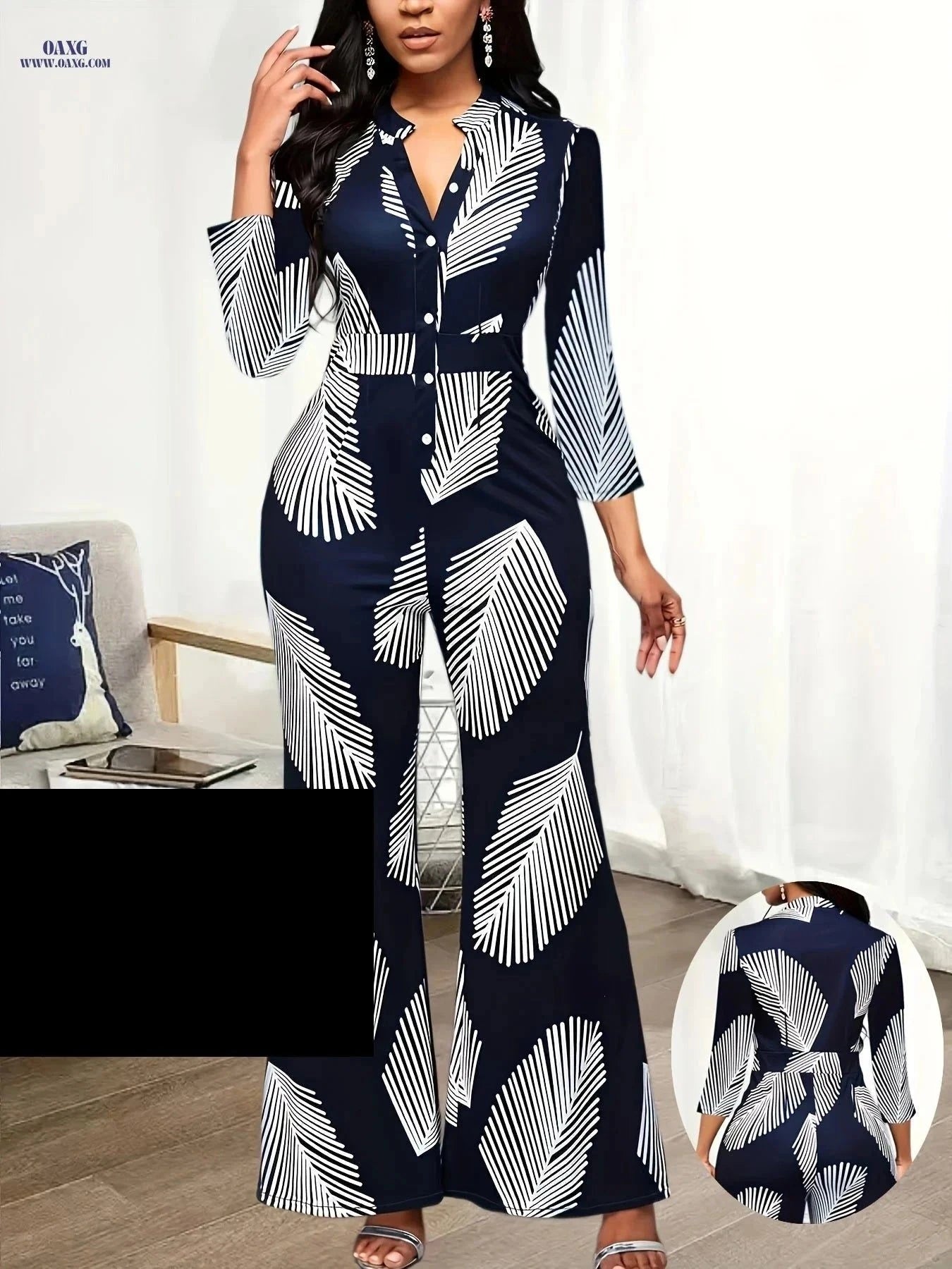 Ladies Printed Jumpsuit Set - Elegant Wide Leg Pants for Spring   OAXG Navy Blue / S