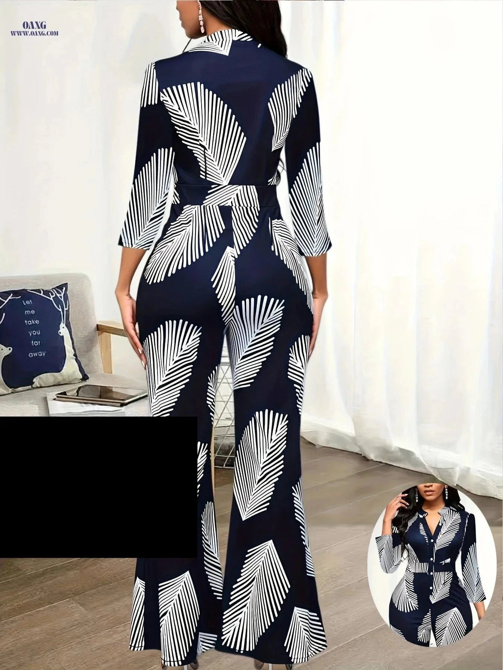 Ladies Printed Jumpsuit Set - Elegant Wide Leg Pants for Spring   OAXG Navy Blue / S