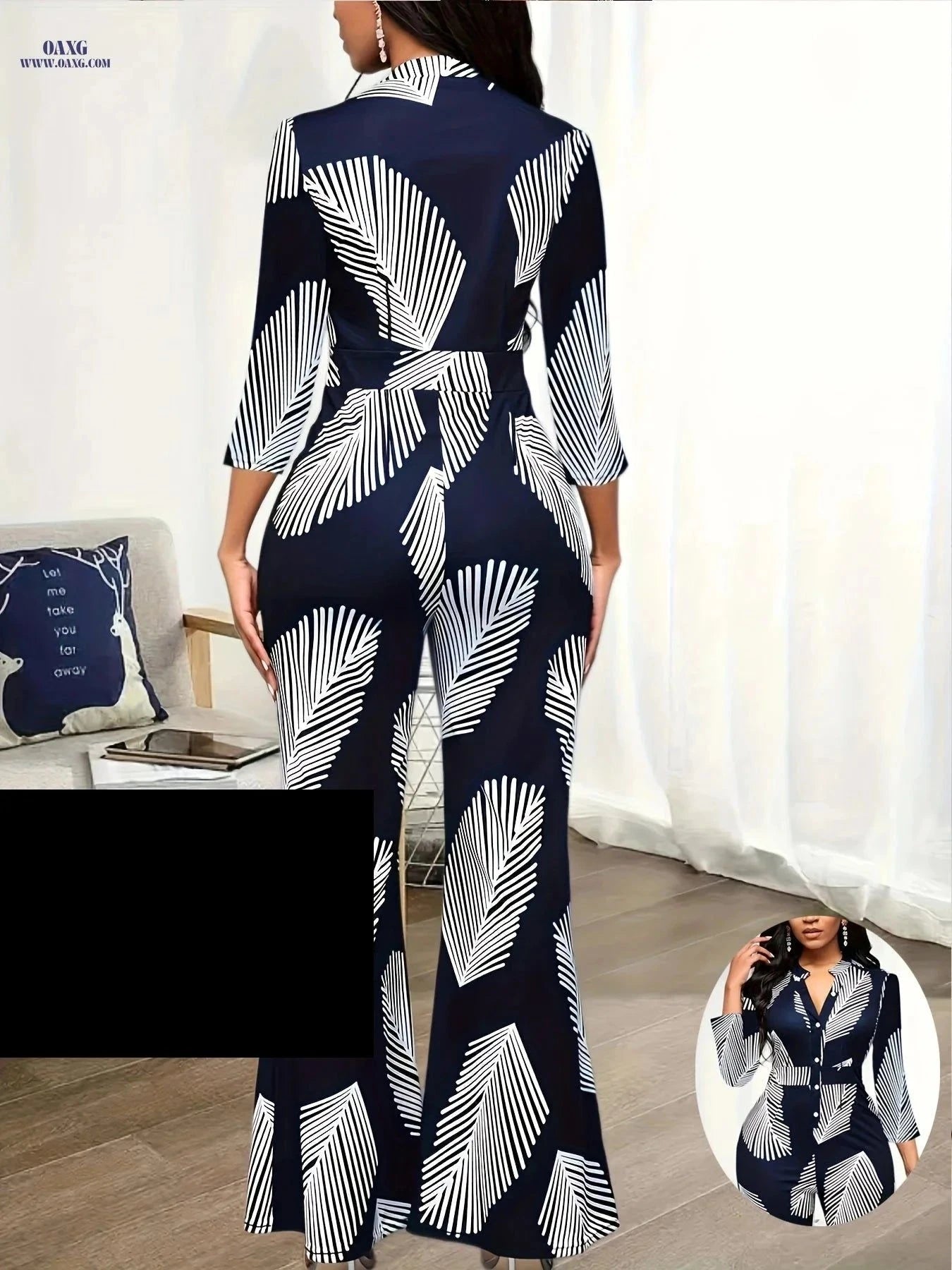 Ladies Printed Jumpsuit Set - Elegant Wide Leg Pants for Spring   OAXG Navy Blue / S
