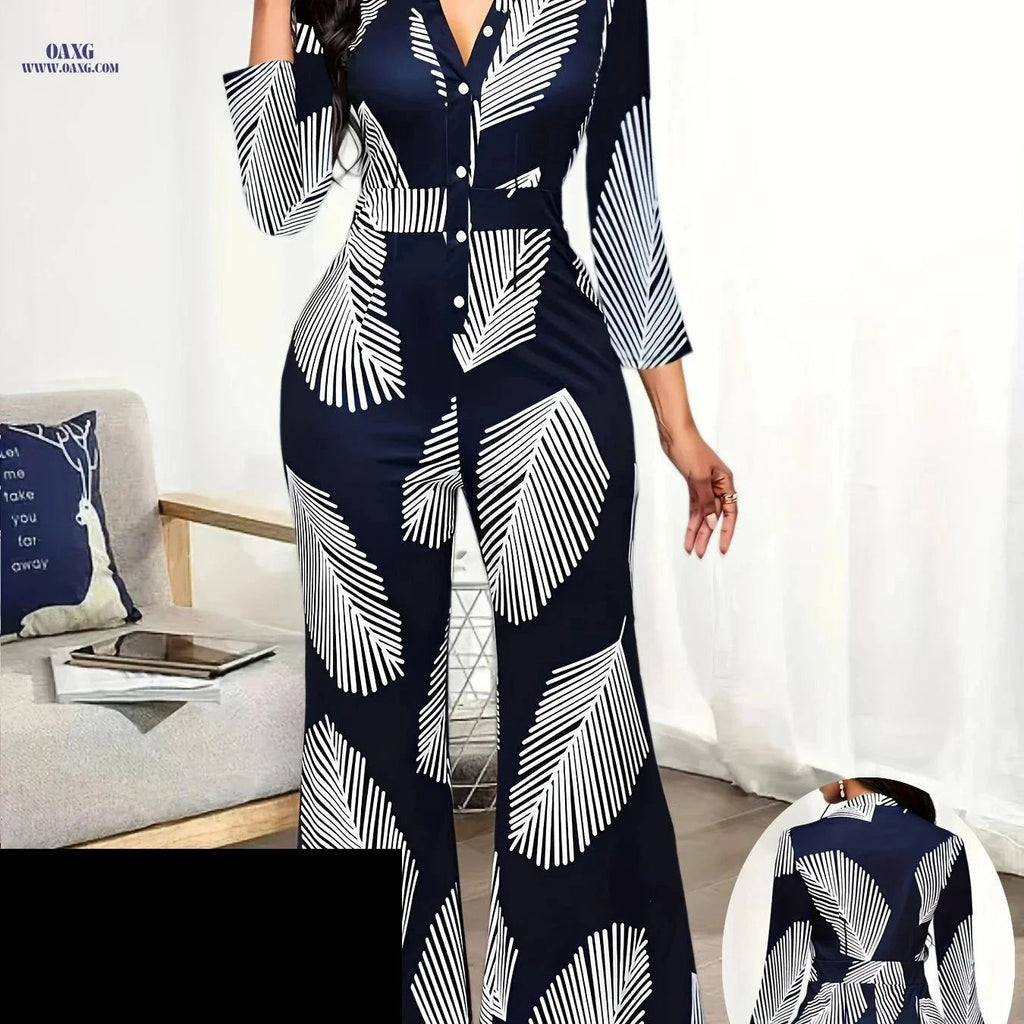 Ladies Printed Jumpsuit Set - Elegant Wide Leg Pants for Spring   OAXG Navy Blue / S