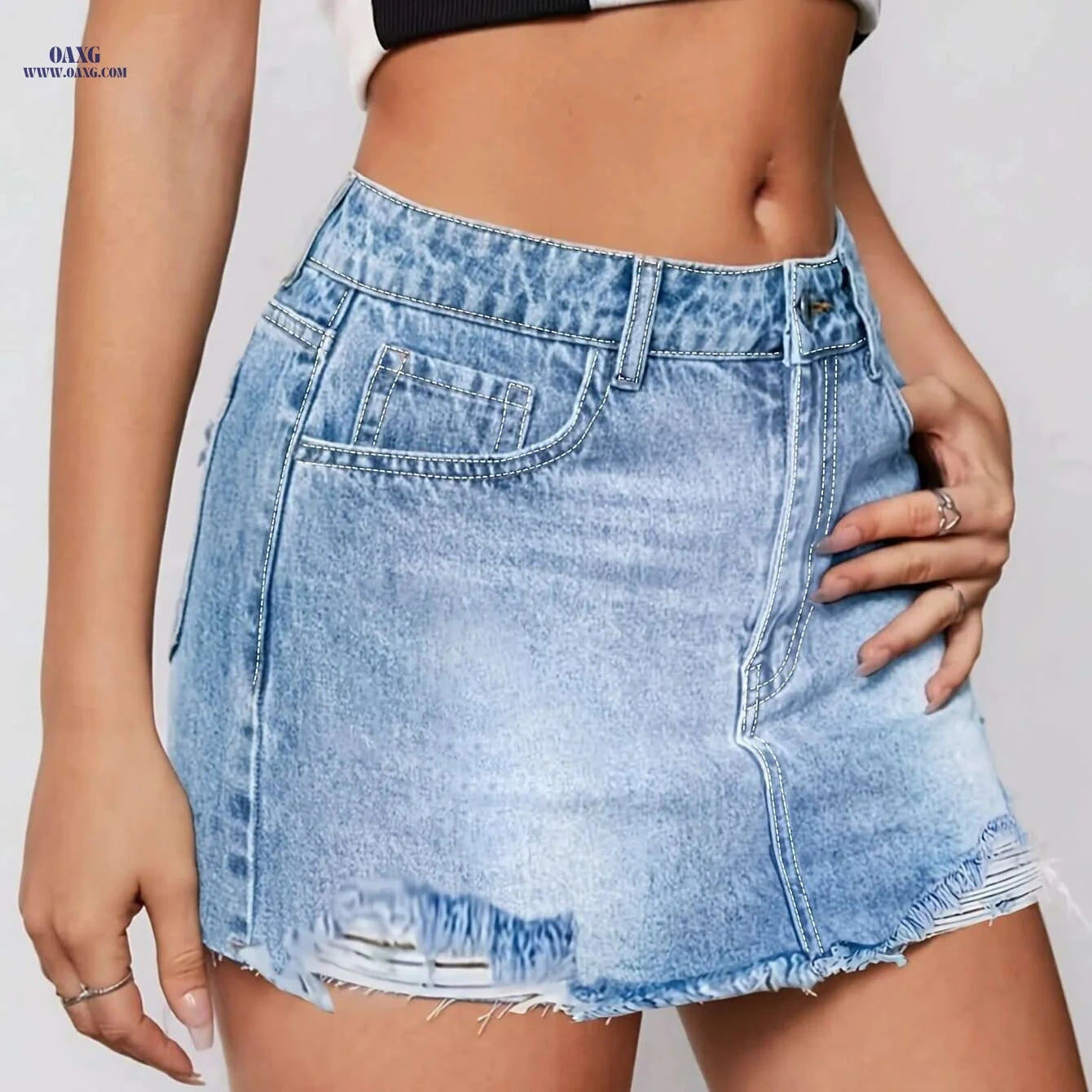 Ladies' Ripped Denim Skirt - Casual Mid Waist for Summer Style   OAXG 