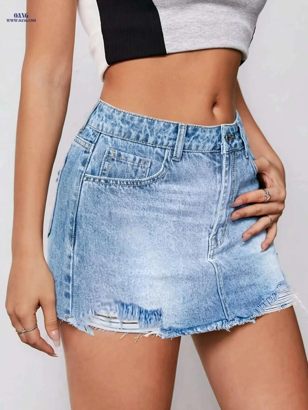 Ladies' Ripped Denim Skirt - Casual Mid Waist for Summer Style   OAXG Light Blue / S