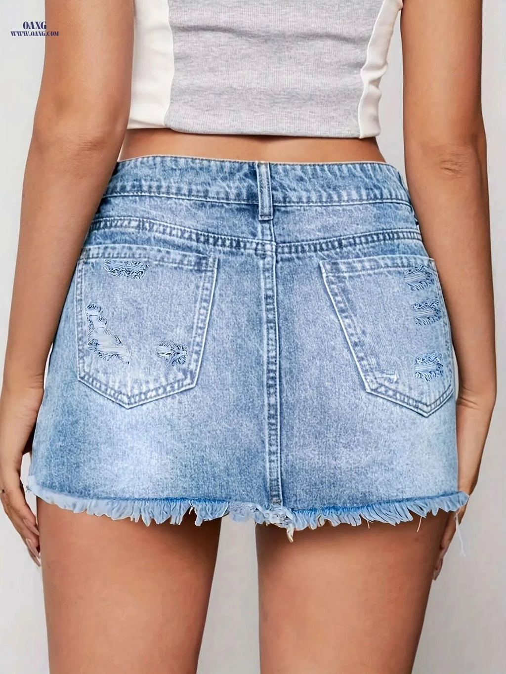 Ladies' Ripped Denim Skirt - Casual Mid Waist for Summer Style   OAXG Light Blue / S
