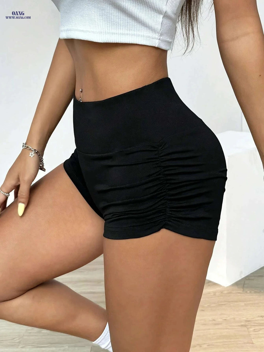 Ladies' Ruched Biker Shorts - Lightweight, Comfortable Yoga Wear   OAXG 