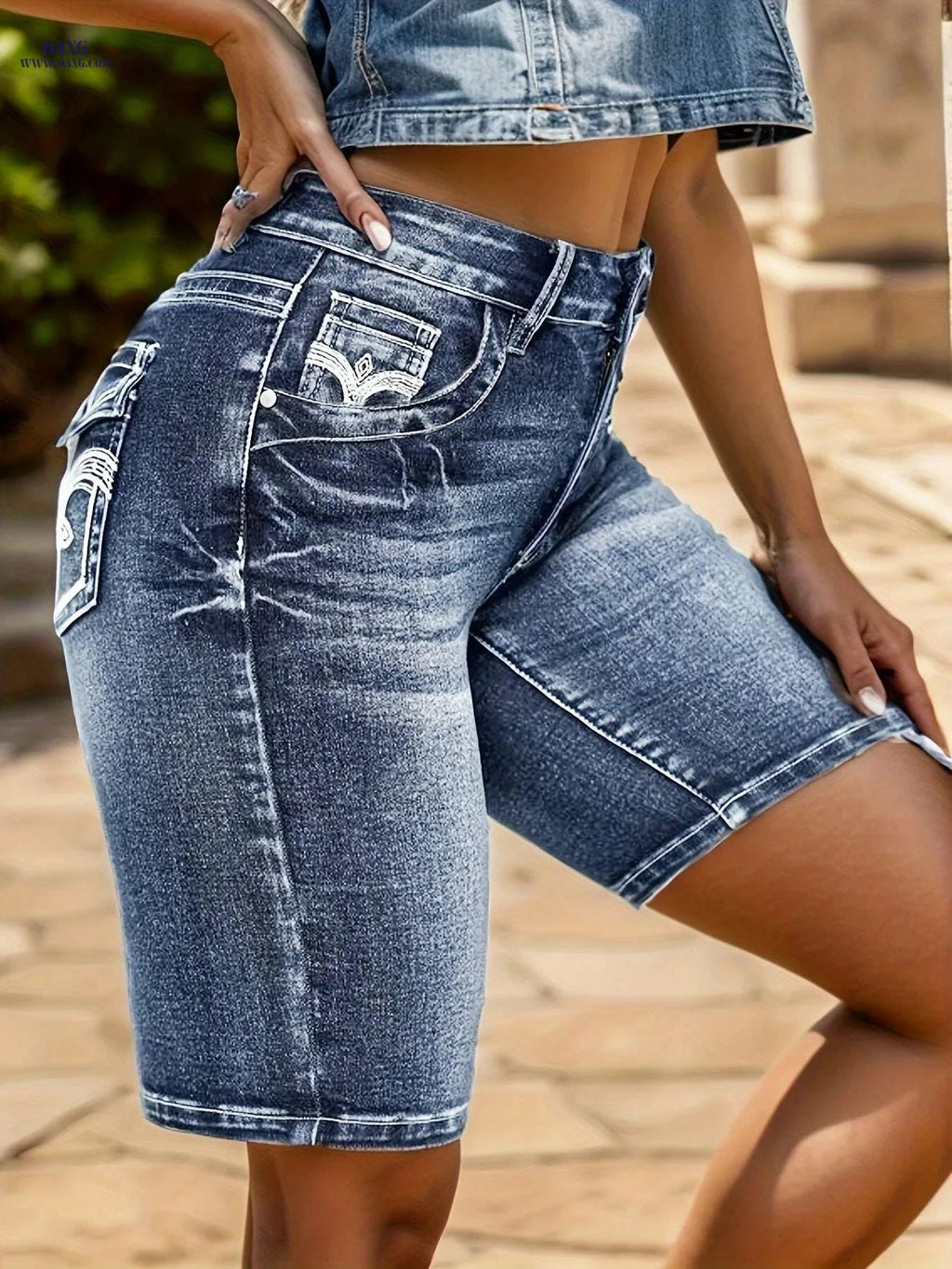 Ladies' Stretch Denim Shorts - Embroidered Floral Design, Casual Style   OAXG 