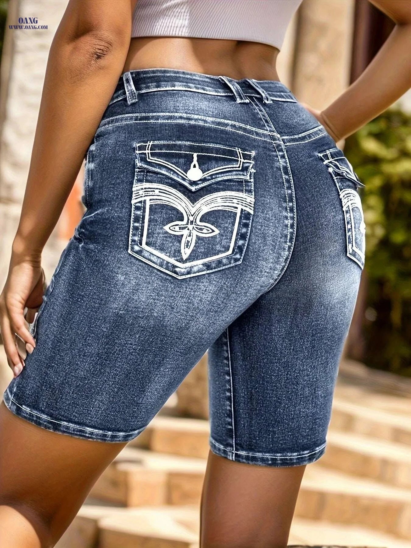 Ladies' Stretch Denim Shorts - Embroidered Floral Design, Casual Style   OAXG 