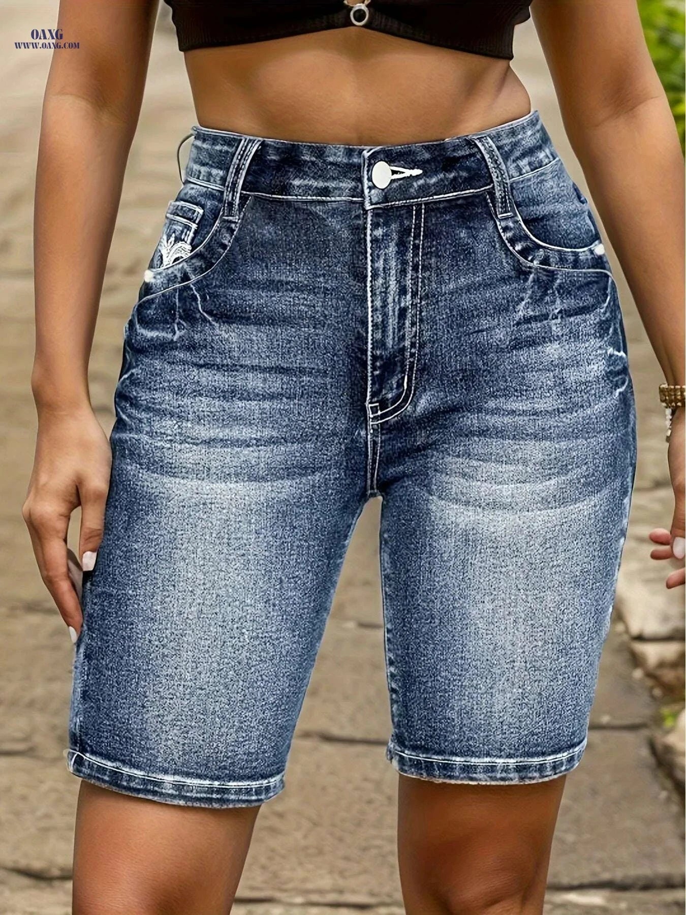 Ladies' Stretch Denim Shorts - Embroidered Floral Design, Casual Style   OAXG 