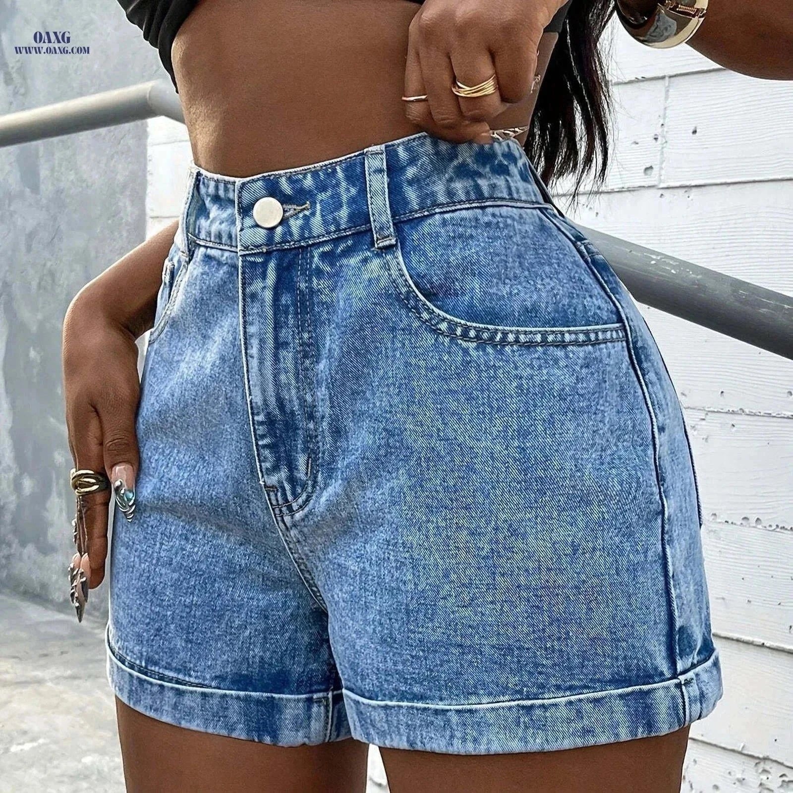 LAFA Women's High-Waisted Denim Shorts - Loose Fit, Casual Style   OAXG Blue / XS