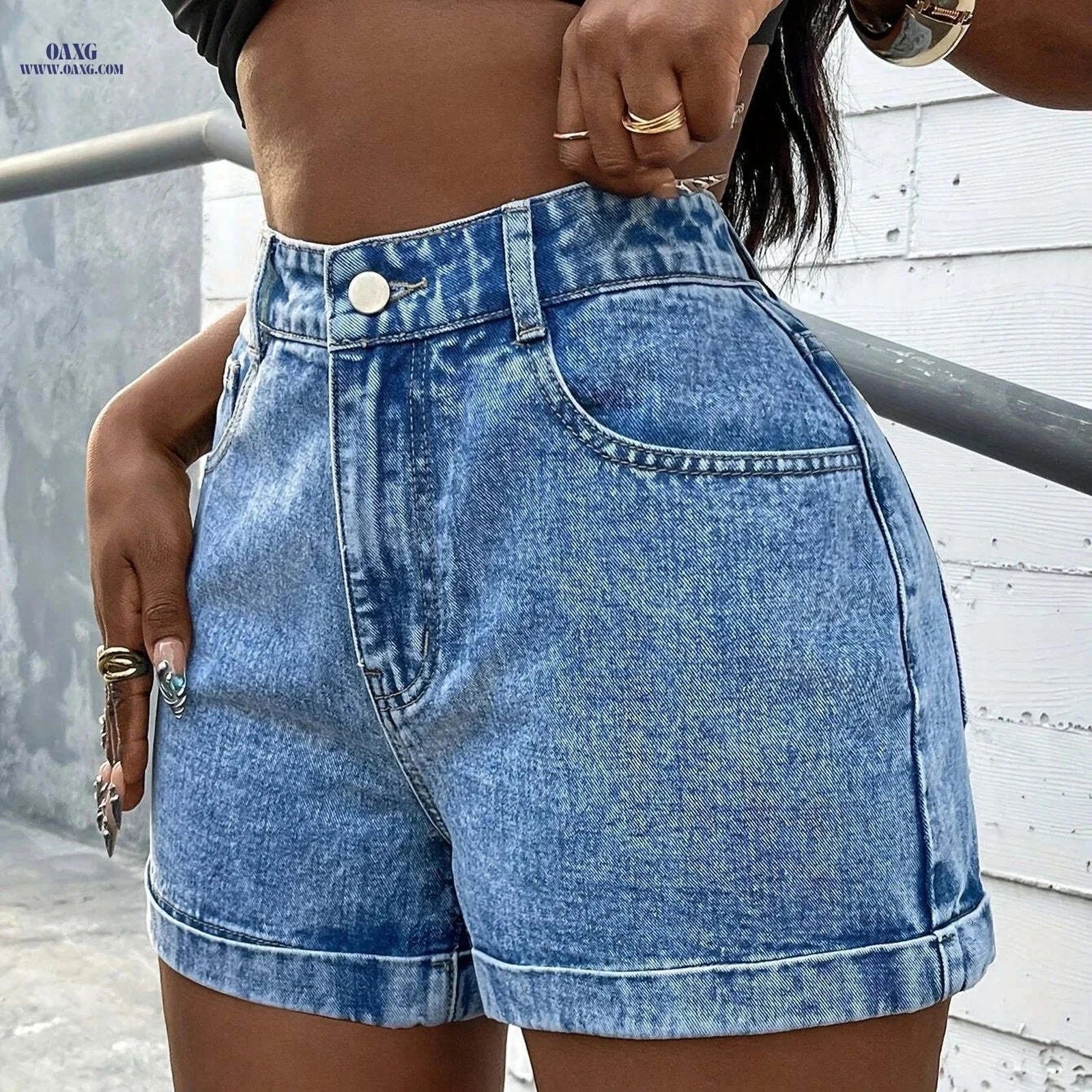 LAFA Women's High-Waisted Denim Shorts - Loose Fit, Casual Style   OAXG Blue / XS