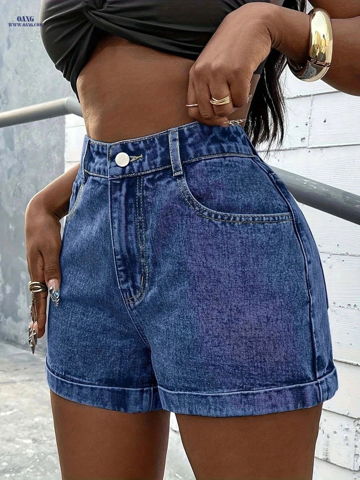 LAFA Women's High-Waisted Denim Shorts - Loose Fit, Casual Style   OAXG Blue / XS