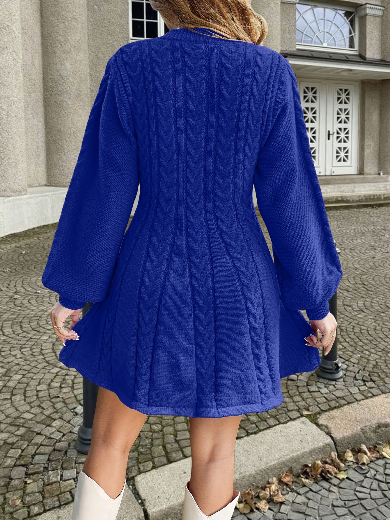 Lantern Sleeve Chunky Sweater Dress   OAXG Blue / S