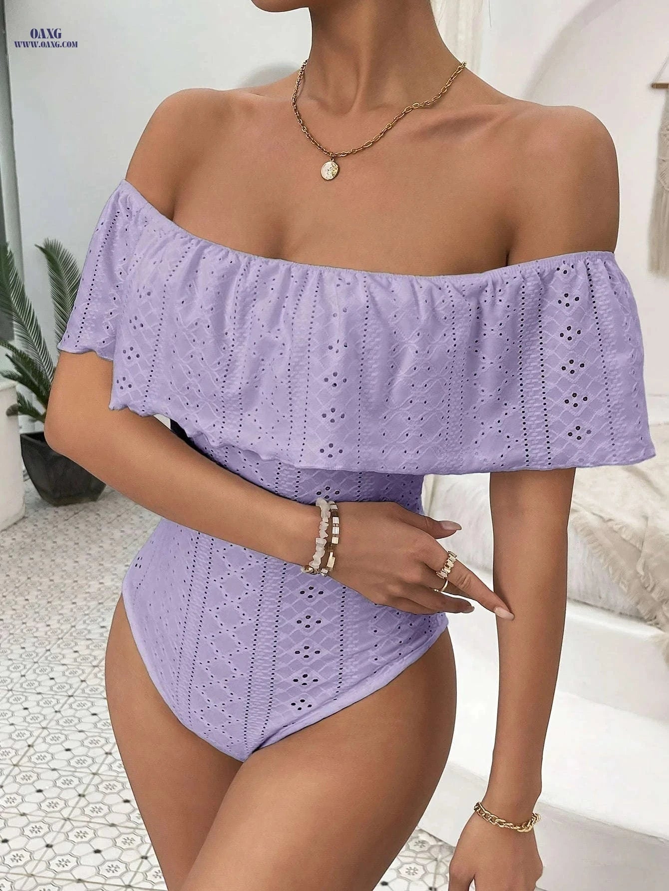 Layered Eyelet Off Shoulder Bodysuit - Elegant Short Sleeve Style   OAXG Black / S