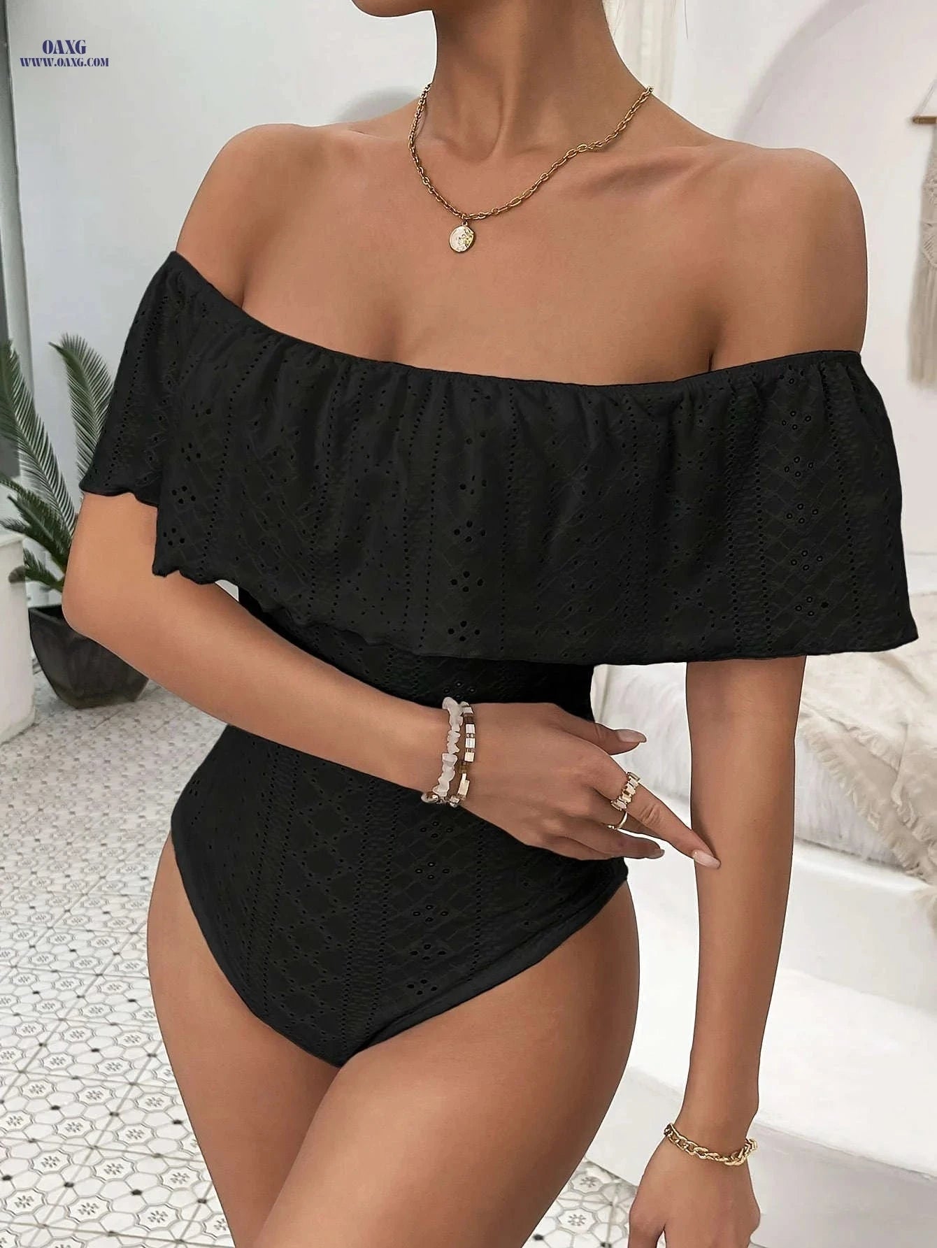Layered Eyelet Off Shoulder Bodysuit - Elegant Short Sleeve Style   OAXG 