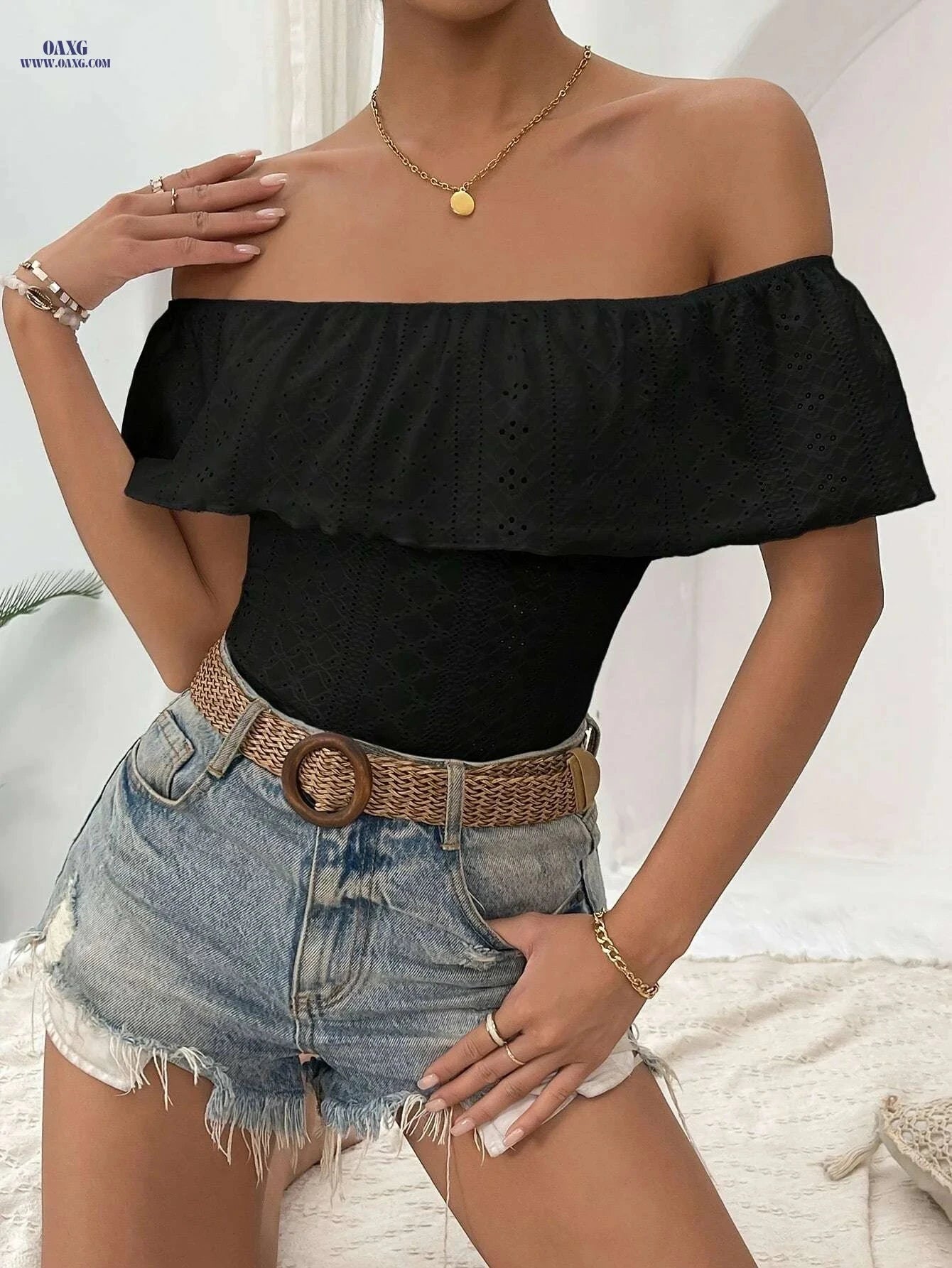 Layered Off Shoulder Bodysuit - Stylish Women's Summer One-Piece   OAXG White / S
