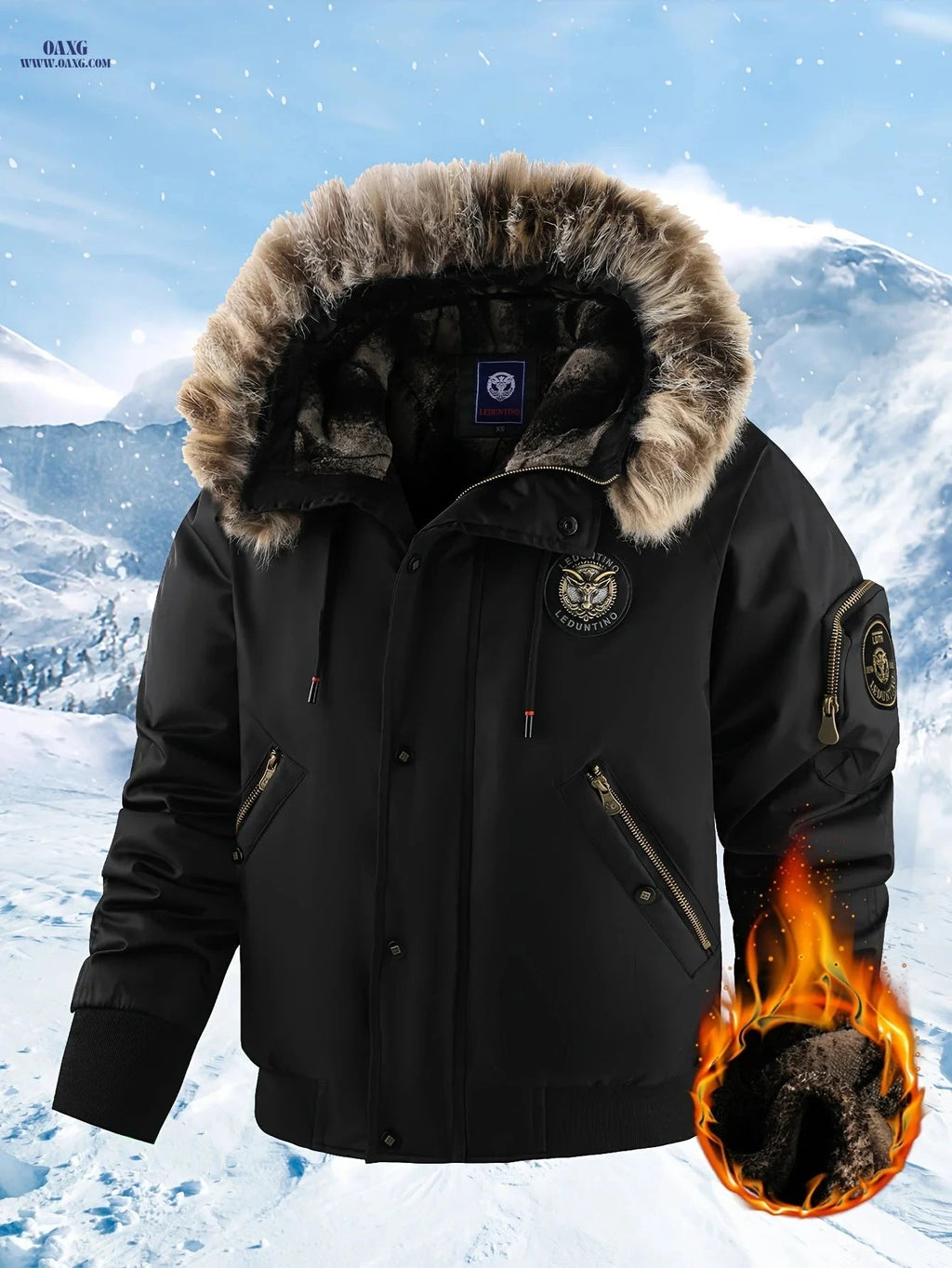 LEDUNTINO Men's Heavy-Duty Winter Jacket - Hooded, Full Zipper, Durable   OAXG Black / FR XS