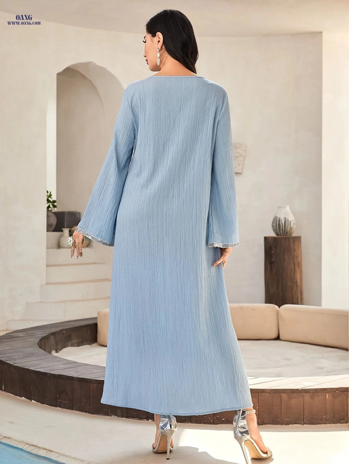 Light Blue Arab-Style Dress - Elegant Solid Design for Spring/Summer   OAXG 
