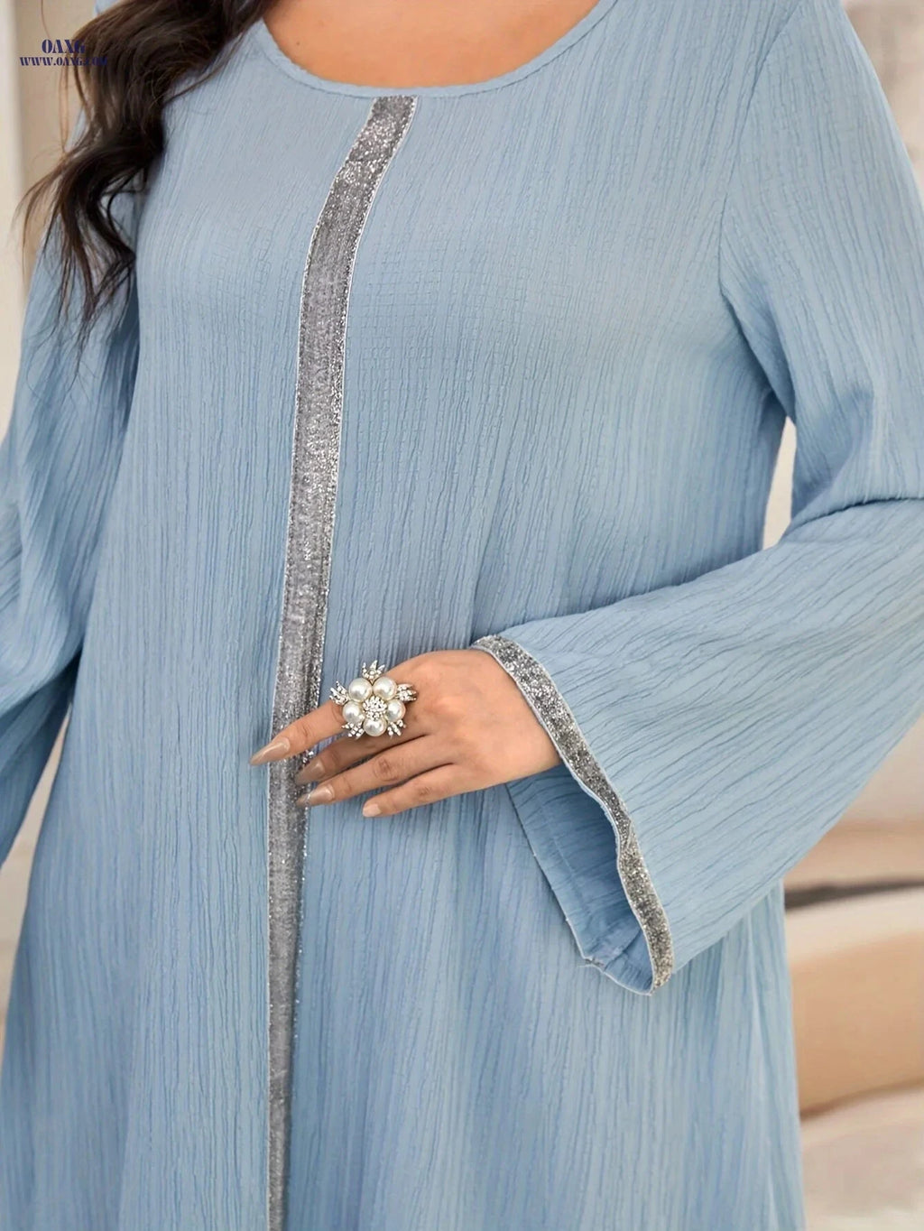 Light Blue Arab-Style Dress - Elegant Solid Design for Spring/Summer   OAXG 