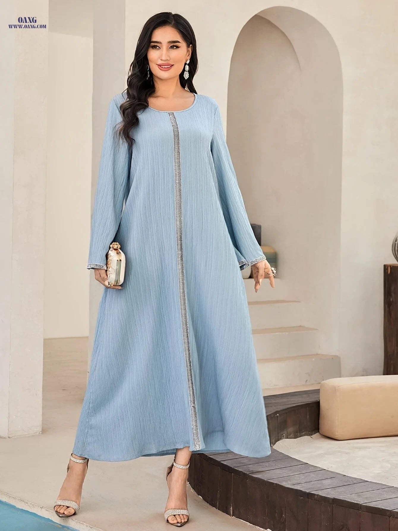 Light Blue Arab-Style Dress - Elegant Solid Design for Spring/Summer   OAXG 