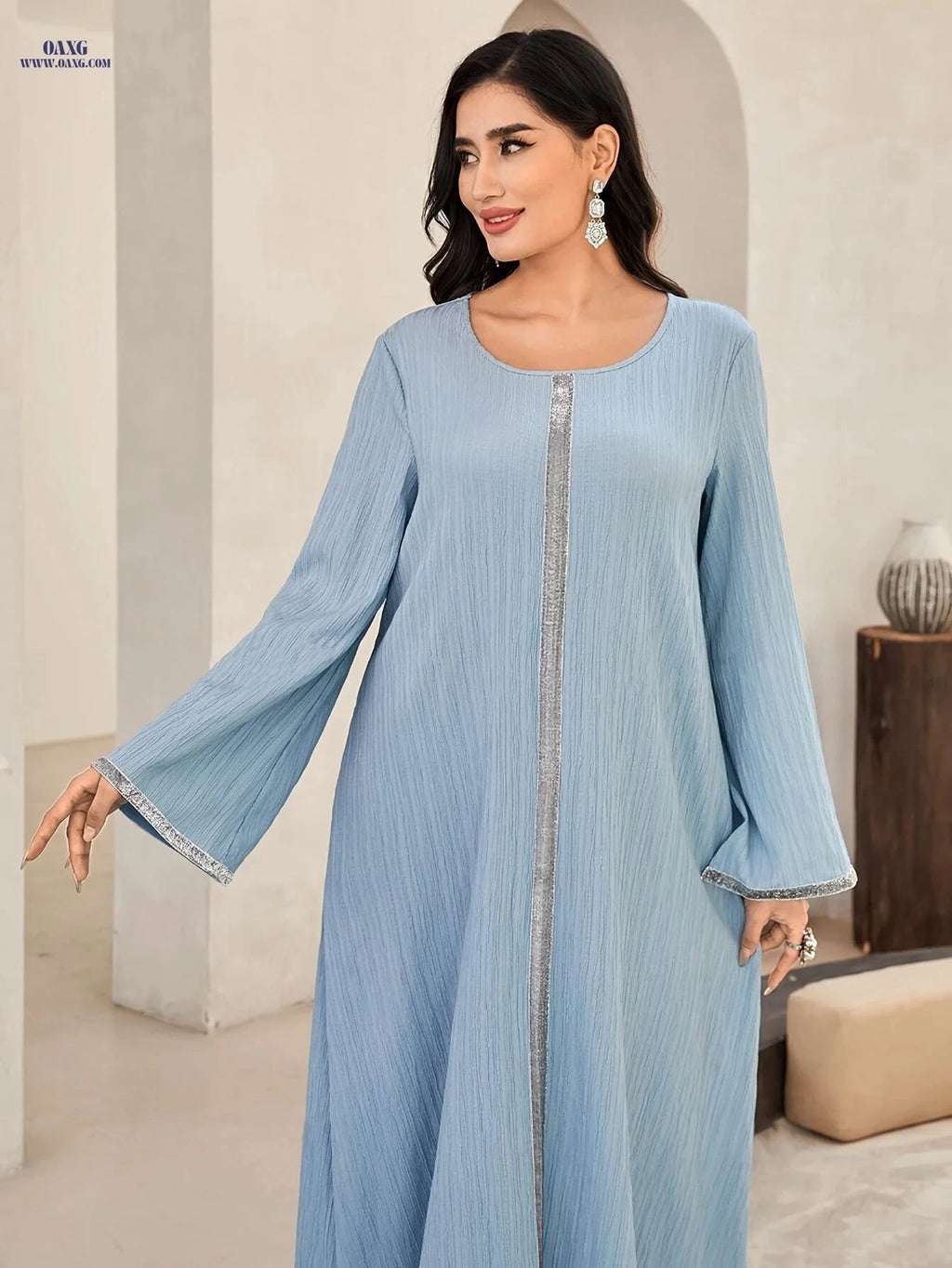 Light Blue Arab-Style Dress - Elegant Solid Design for Spring/Summer   OAXG Sky Blue / S