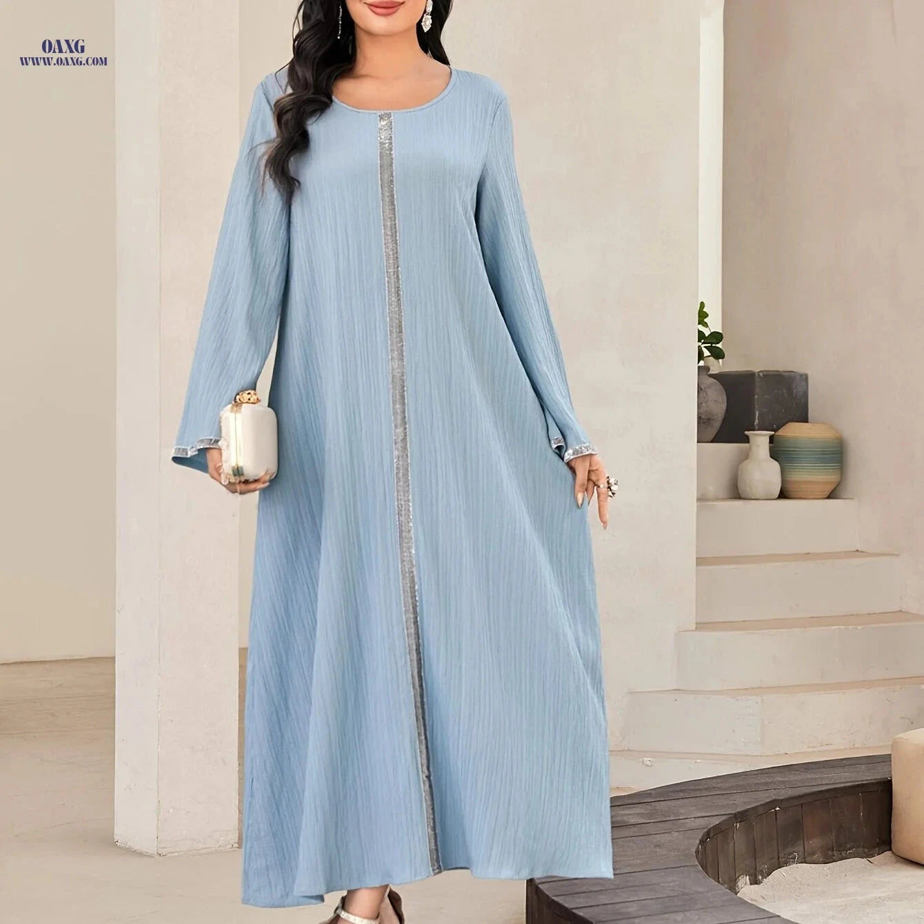 Light Blue Arab-Style Dress - Elegant Solid Design for Spring/Summer   OAXG Sky Blue / S