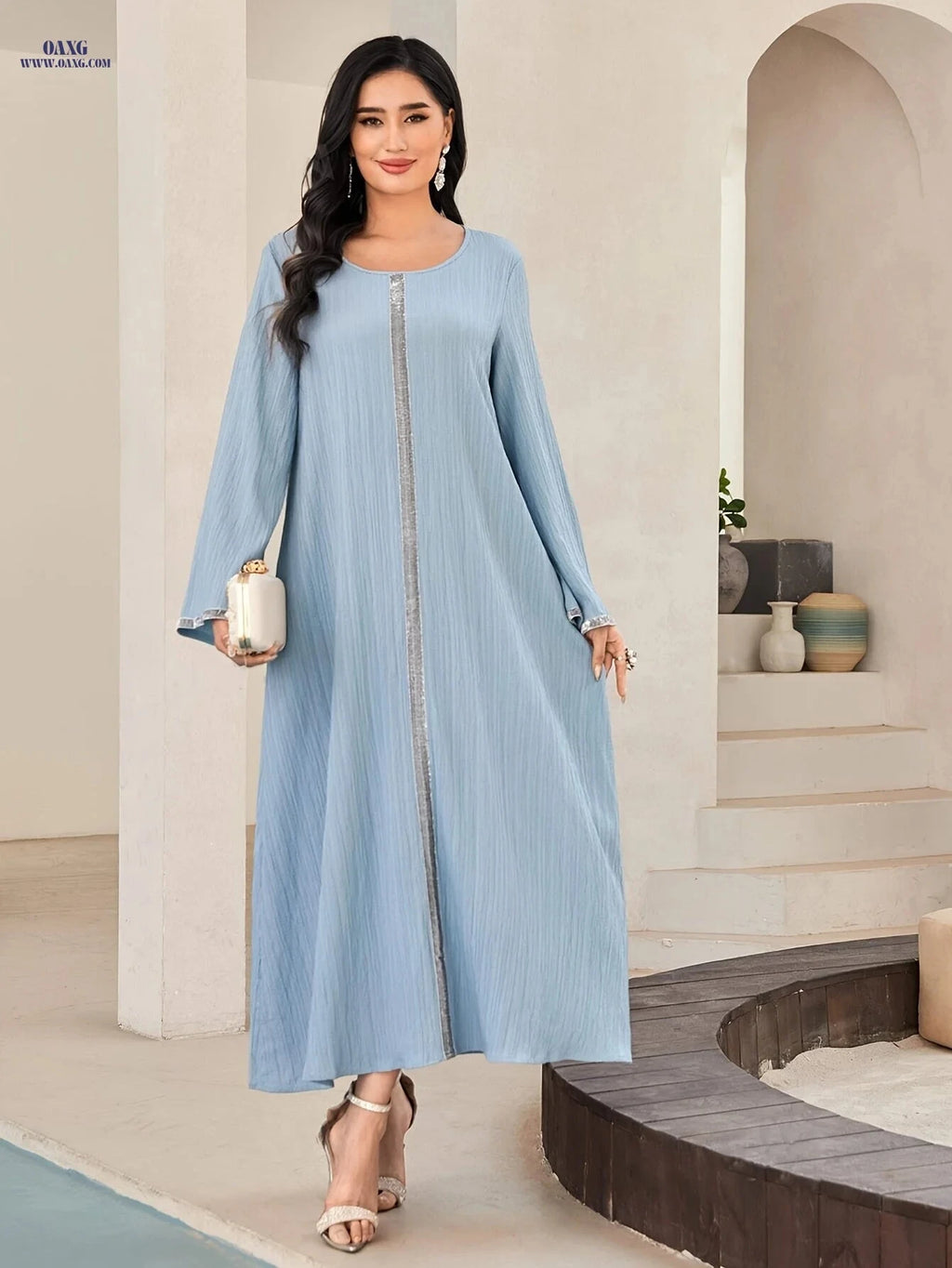 Light Blue Arab-Style Dress - Elegant Solid Design for Spring/Summer   OAXG Sky Blue / S