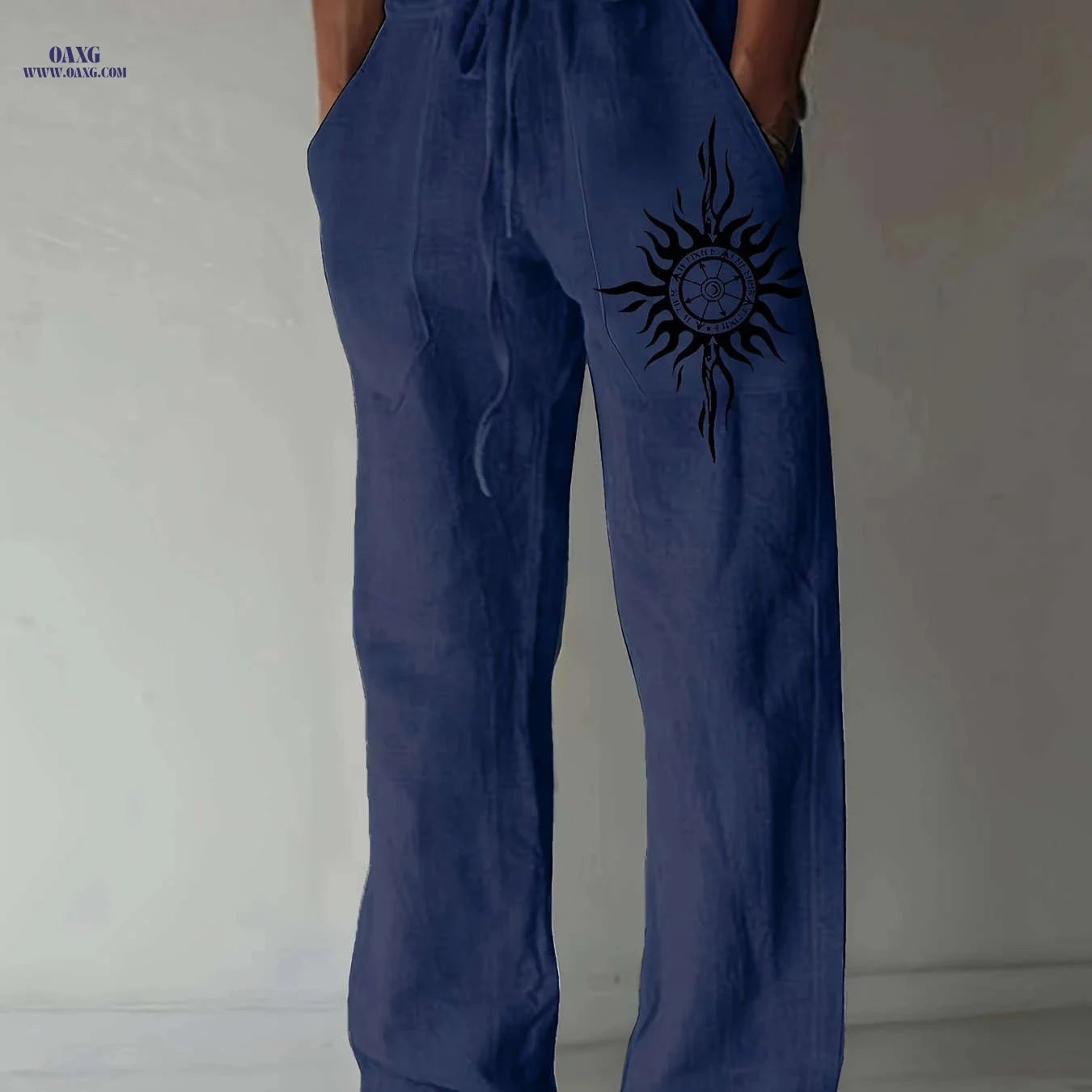 Light Blue Casual Pants for Men - Black Sunburst Graphic & Drawstring   OAXG 