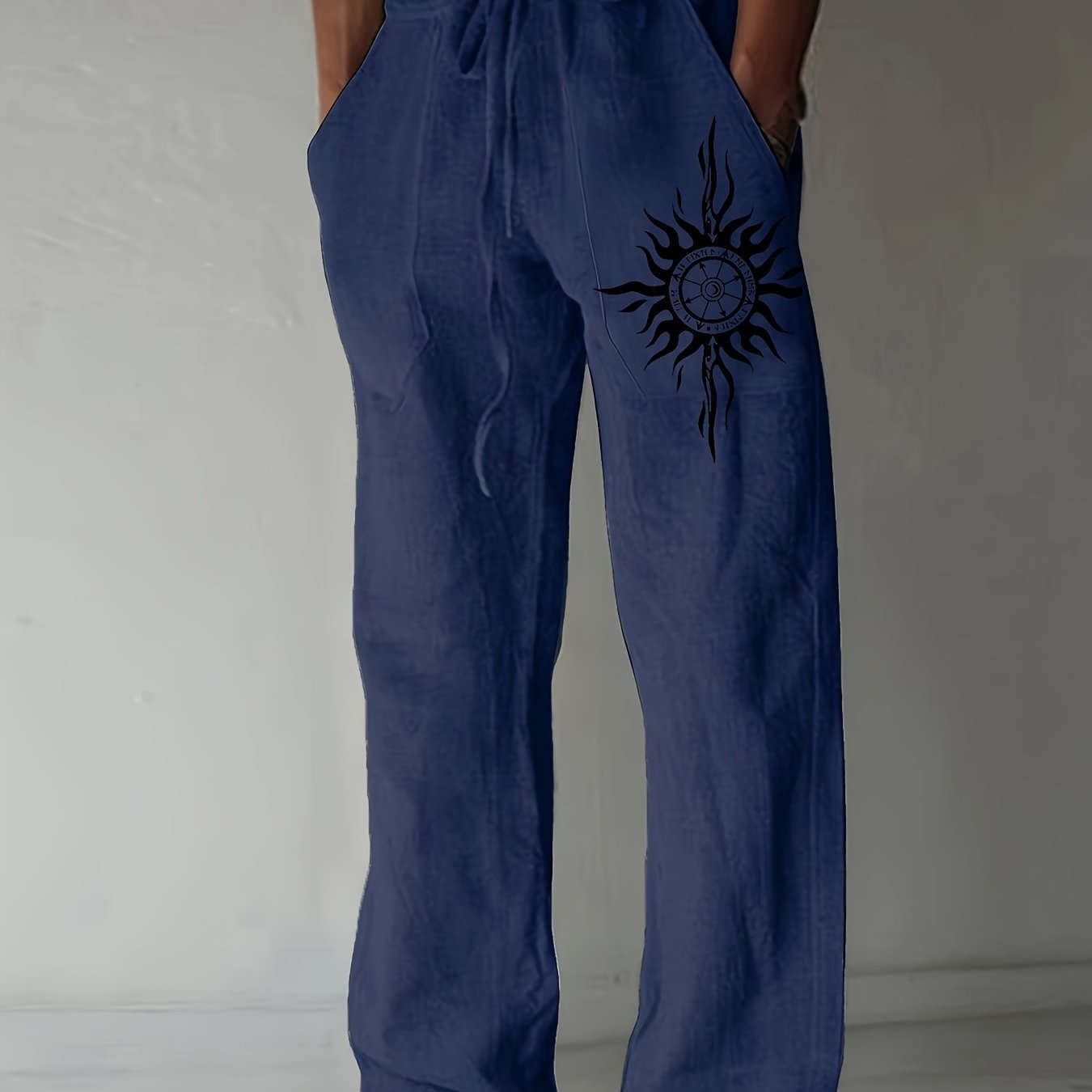 Light Blue Casual Pants for Men - Black Sunburst Graphic & Drawstring   OAXG 