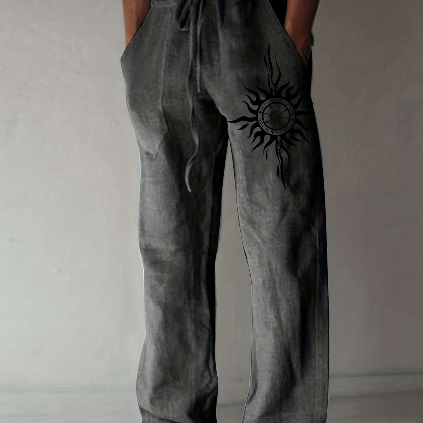 Light Blue Casual Pants for Men - Black Sunburst Graphic & Drawstring   OAXG 