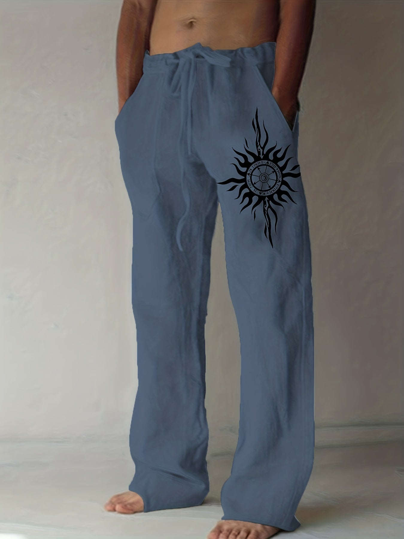 Light Blue Casual Pants for Men - Black Sunburst Graphic & Drawstring   OAXG 