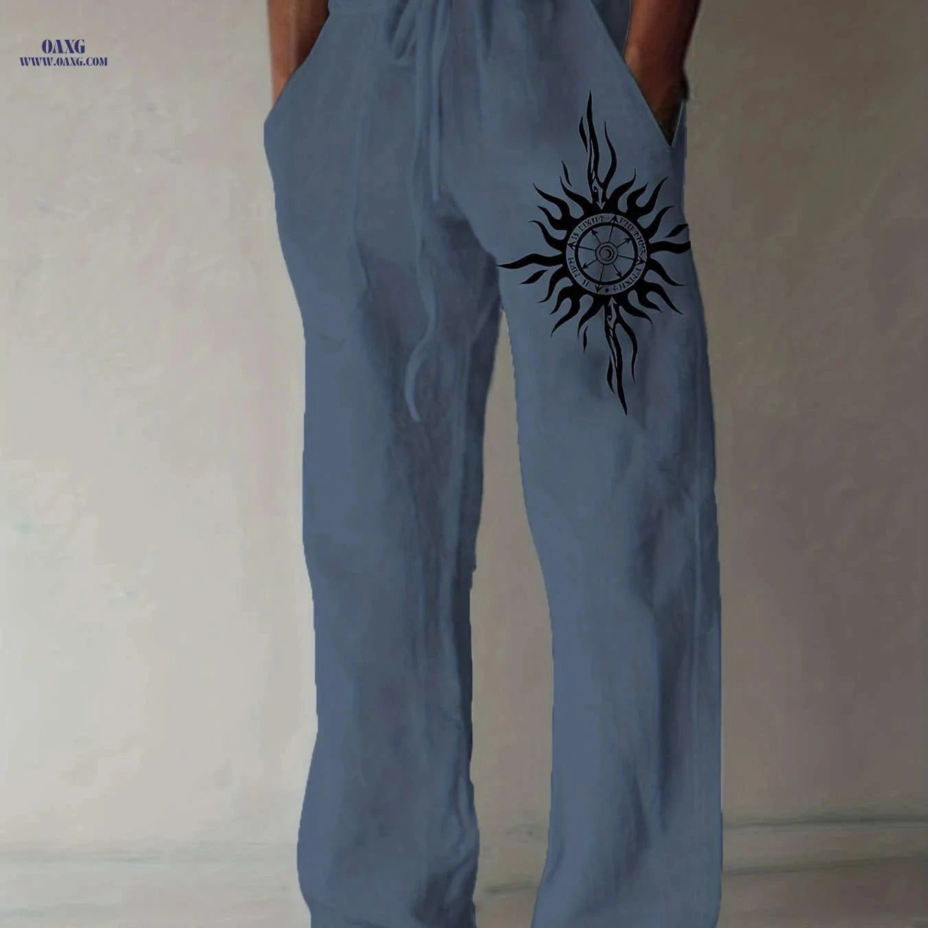 Light Blue Casual Pants for Men - Black Sunburst Graphic & Drawstring   OAXG Green / FR S