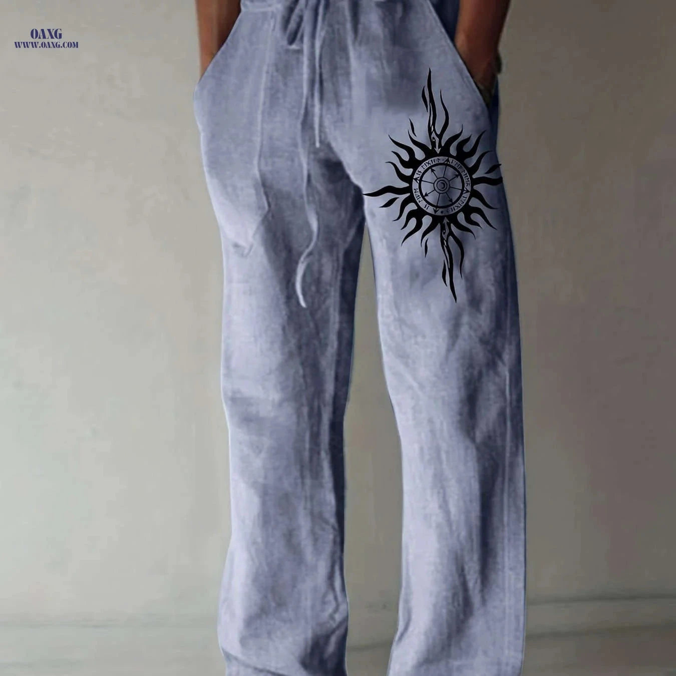 Light Blue Casual Pants for Men - Black Sunburst Graphic & Drawstring   OAXG Green / FR S