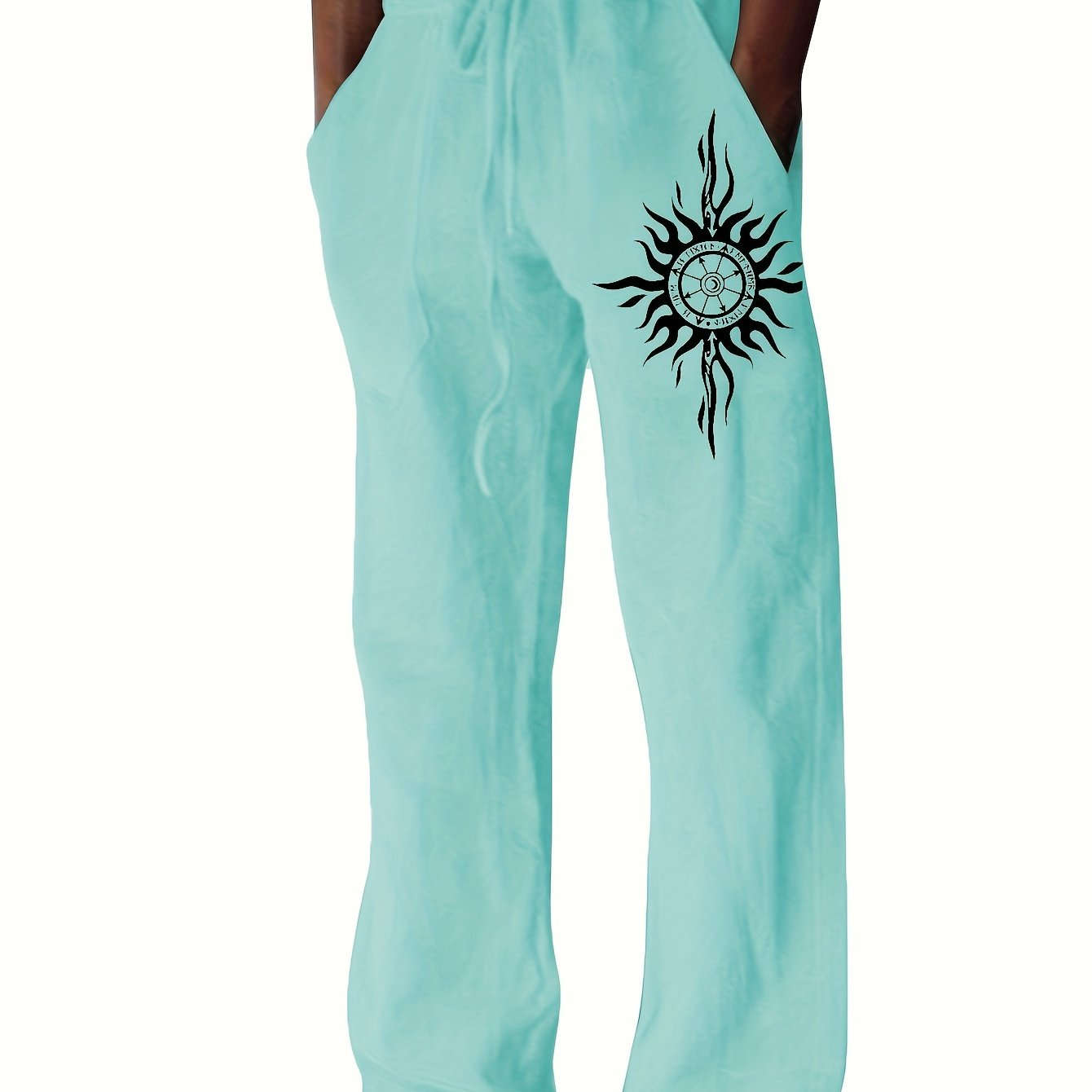 Light Blue Casual Pants for Men - Black Sunburst Graphic & Drawstring   OAXG 