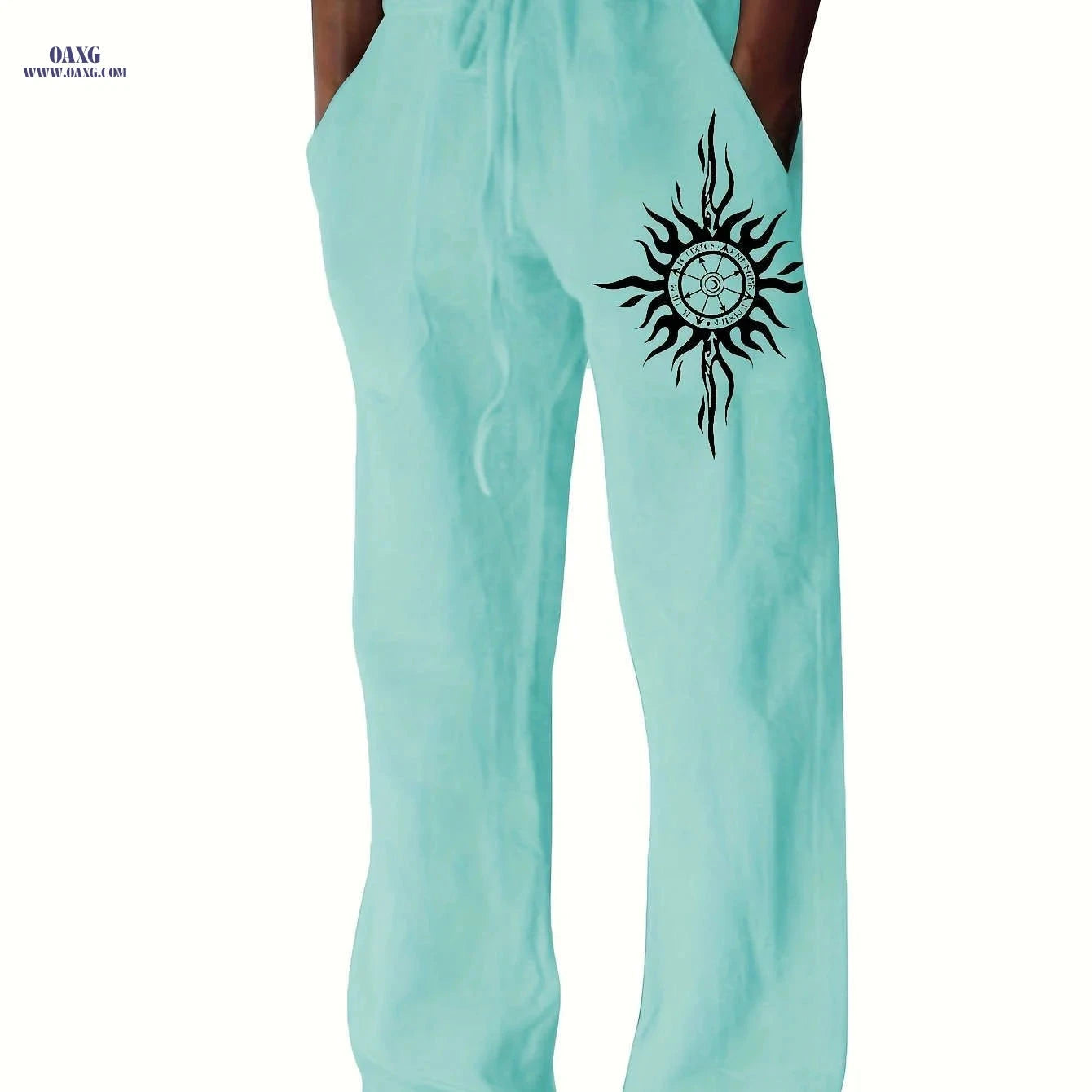 Light Blue Casual Pants for Men - Black Sunburst Graphic & Drawstring   OAXG 