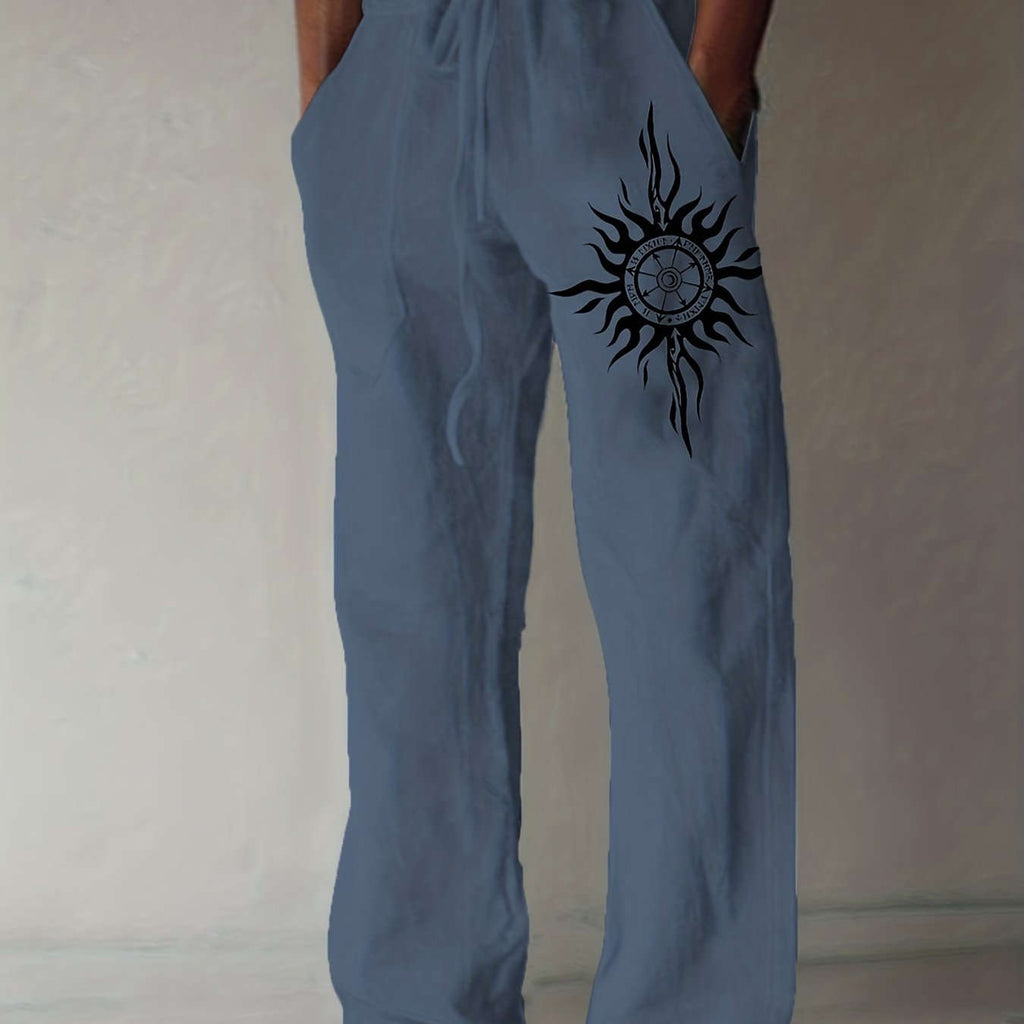 Light Blue Casual Pants for Men - Black Sunburst Graphic & Drawstring   OAXG 