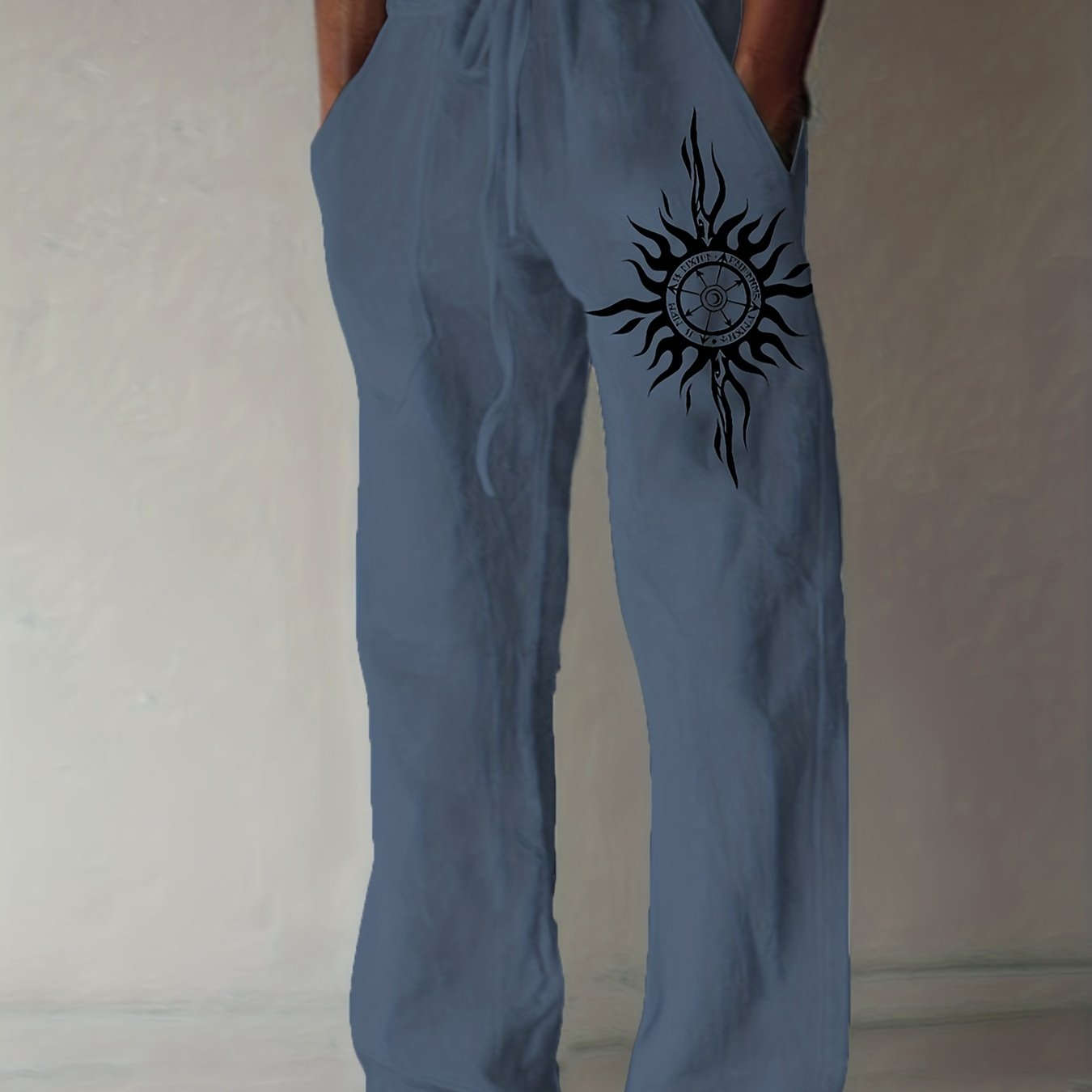 Light Blue Casual Pants for Men - Black Sunburst Graphic & Drawstring   OAXG 