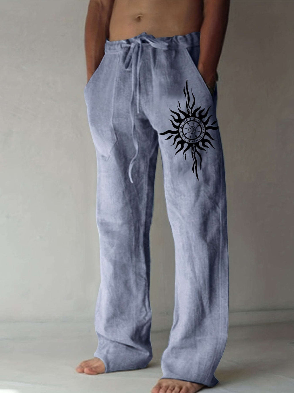 Light Blue Casual Pants for Men - Black Sunburst Graphic & Drawstring   OAXG 
