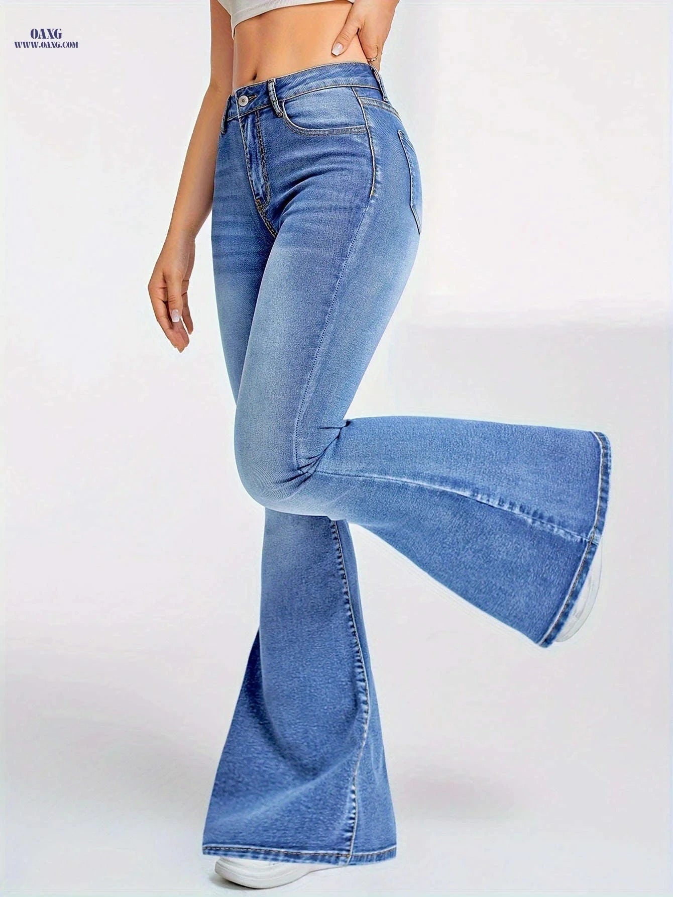 Light Blue High Waist Flared Jeans - Women's Stretchy Denim Pants   OAXG 