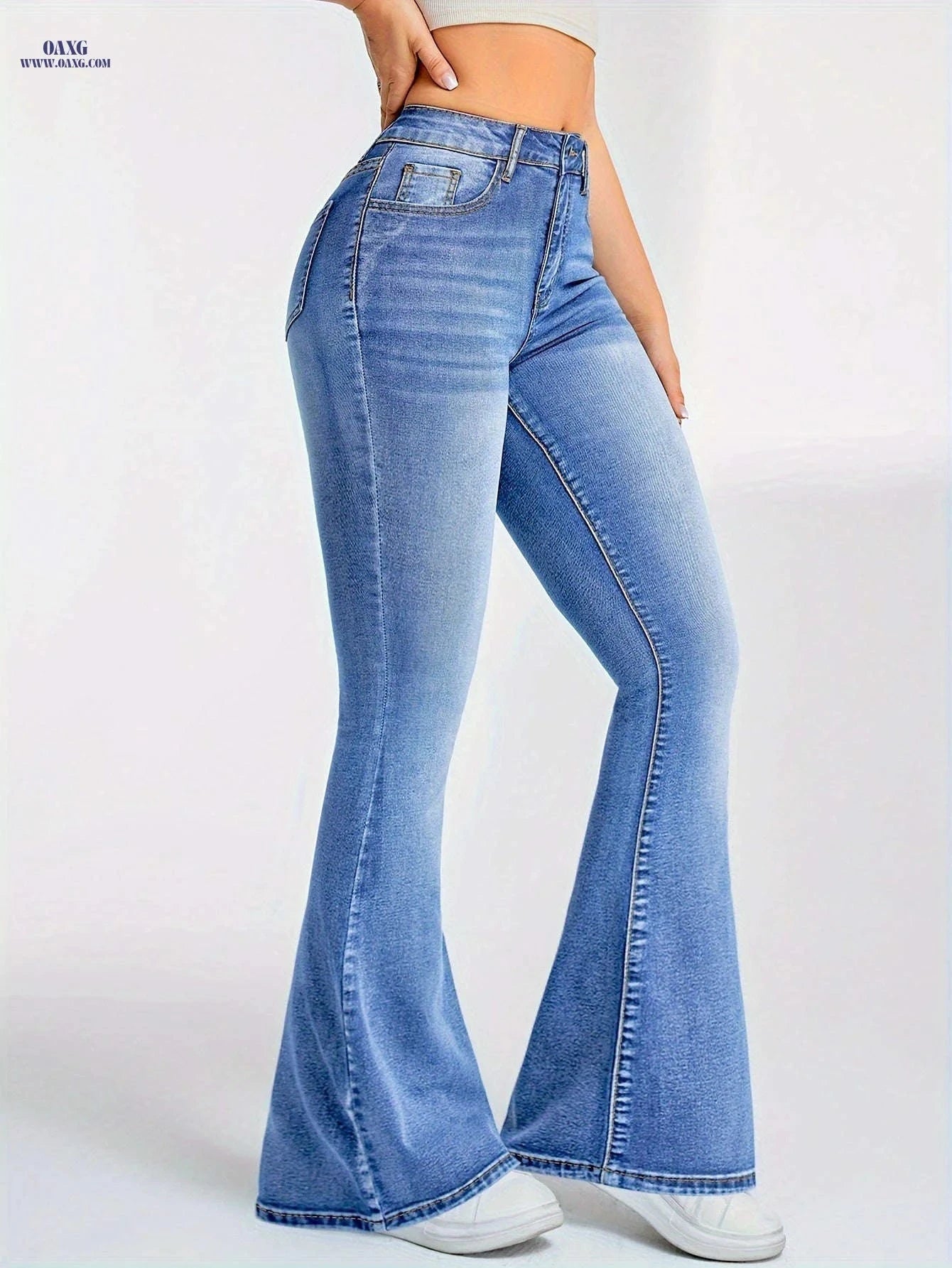 Light Blue High Waist Flared Jeans - Women's Stretchy Denim Pants   OAXG 