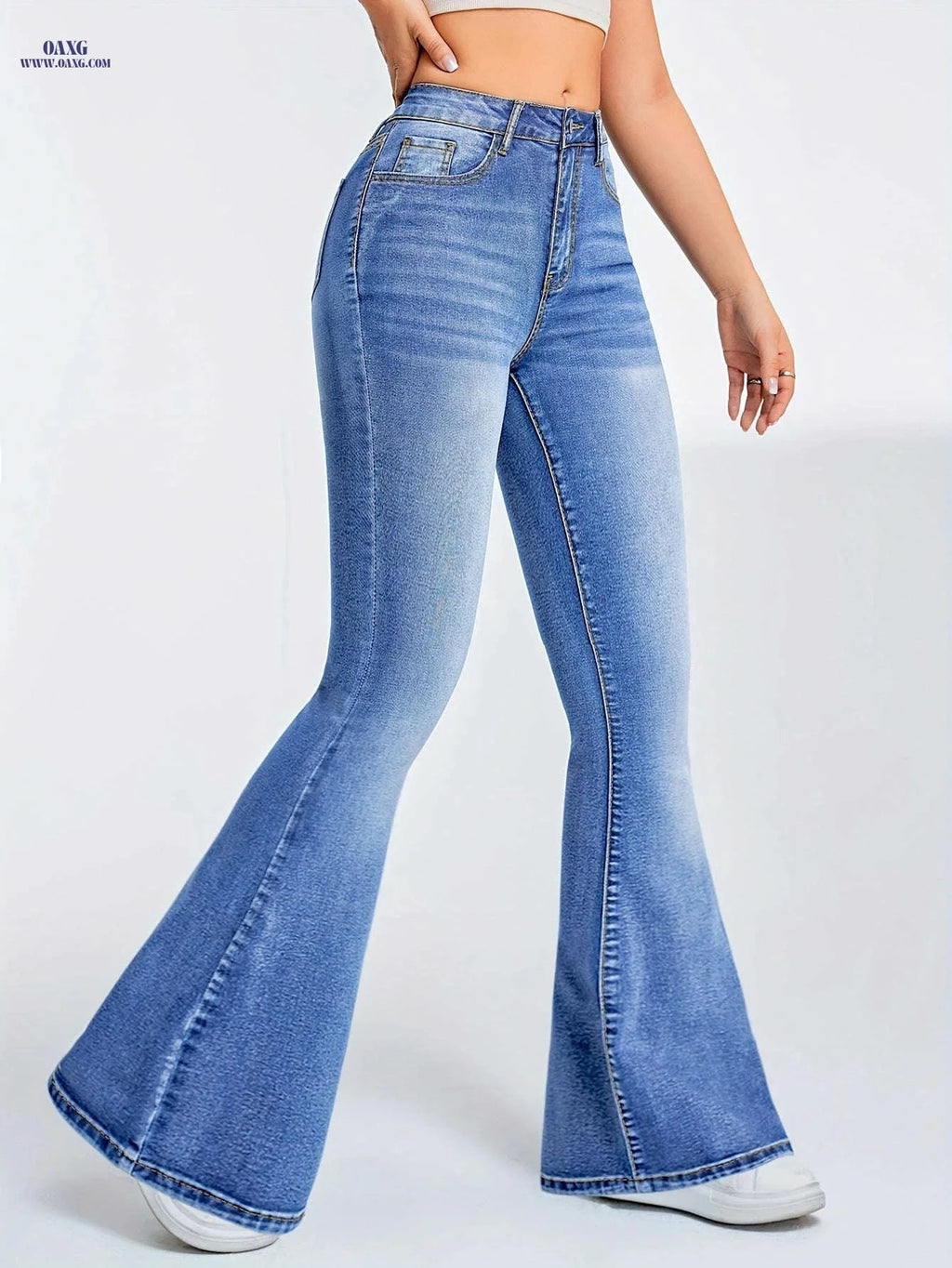 Light Blue High Waist Flared Jeans - Women's Stretchy Denim Pants   OAXG 