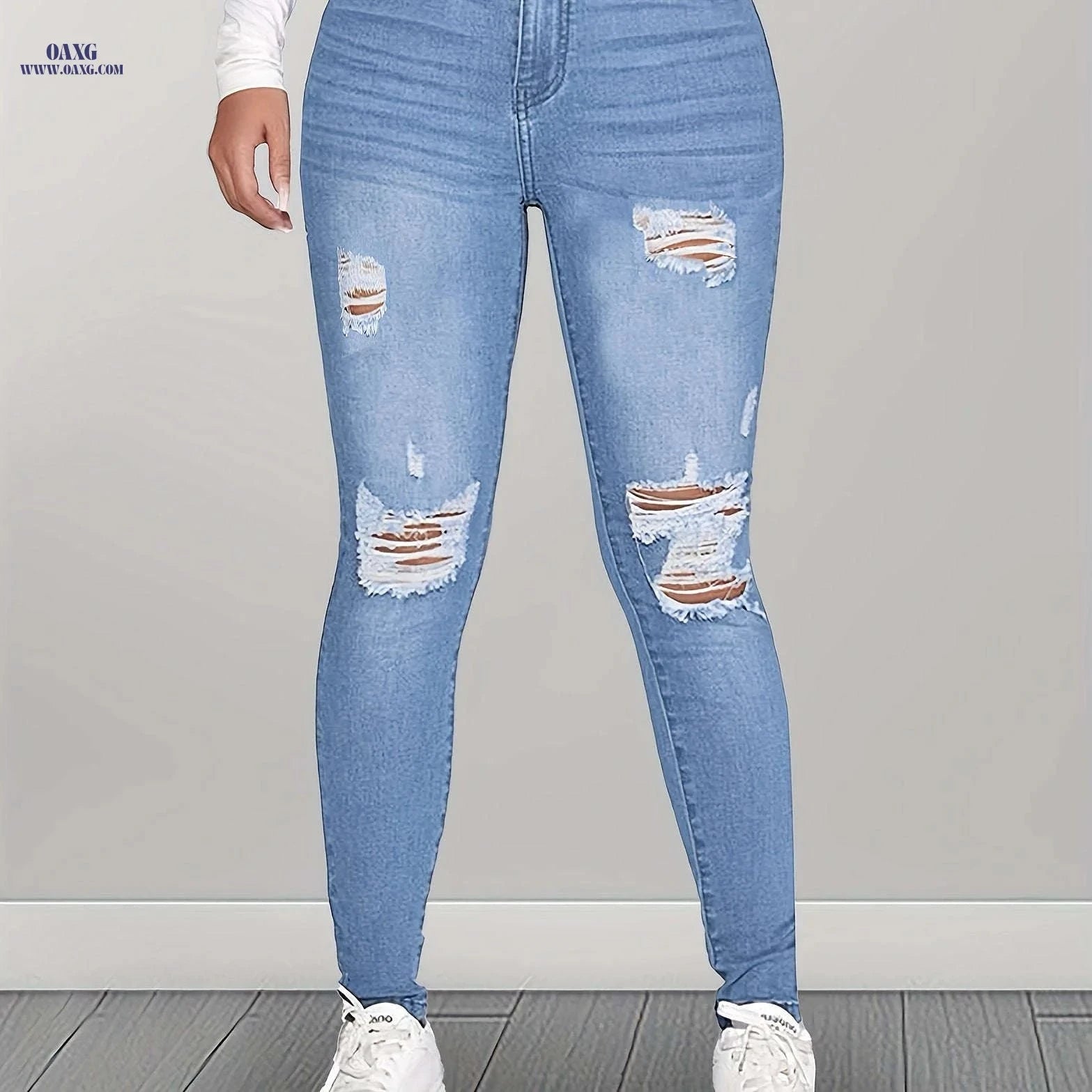 Light Blue Ripped Skinny Pants - Stretchy Denim, Elegant Style   OAXG Sky Blue / XS